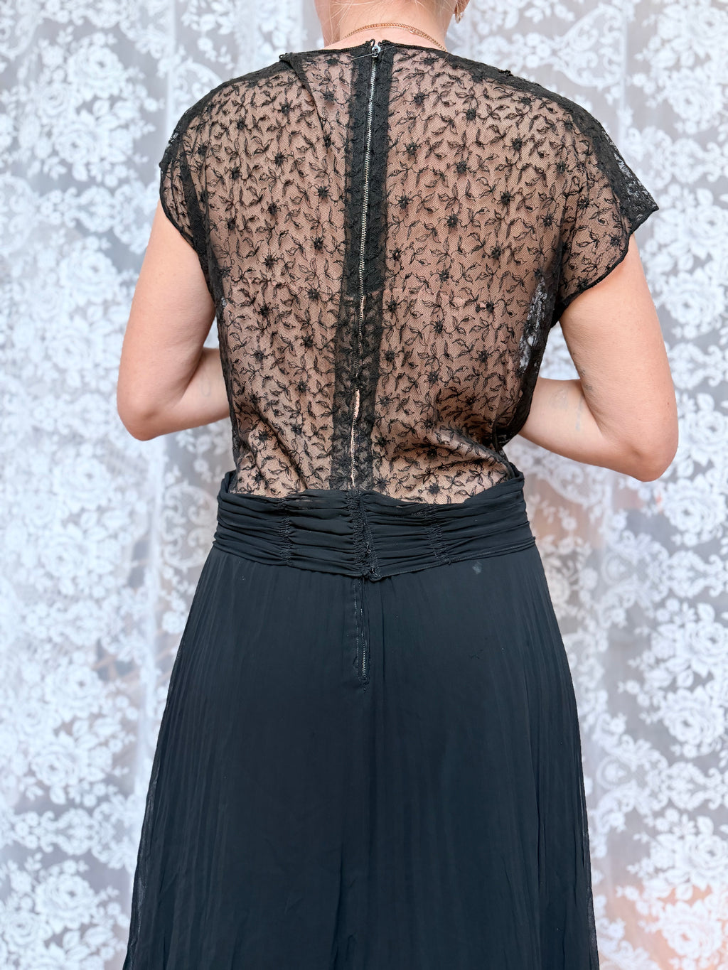 Antique Art Deco 1920s Black Floral Lace Midi Dress