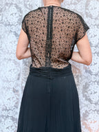 Antique Art Deco 1920s Black Floral Lace Midi Dress