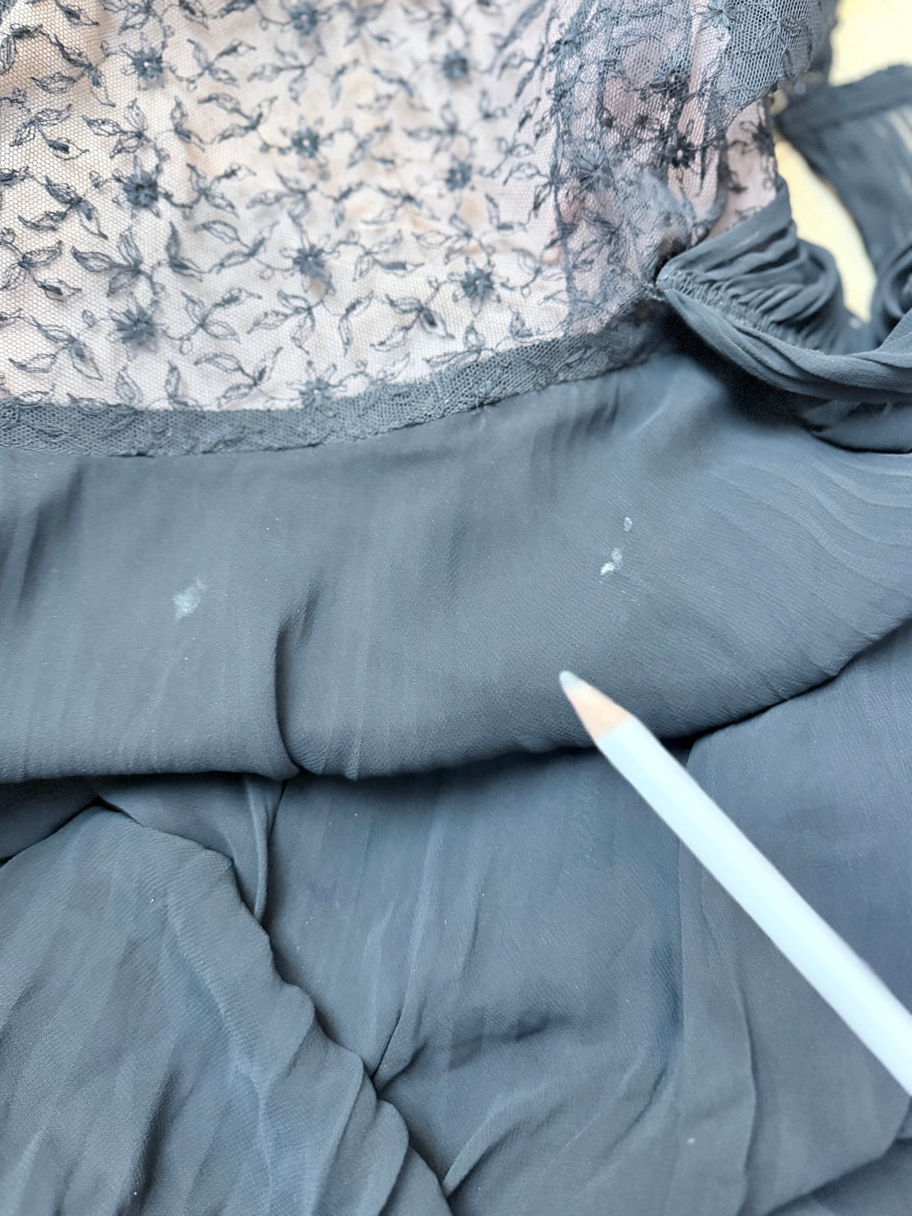 Antique Art Deco 1920s Black Floral Lace Midi Dress
