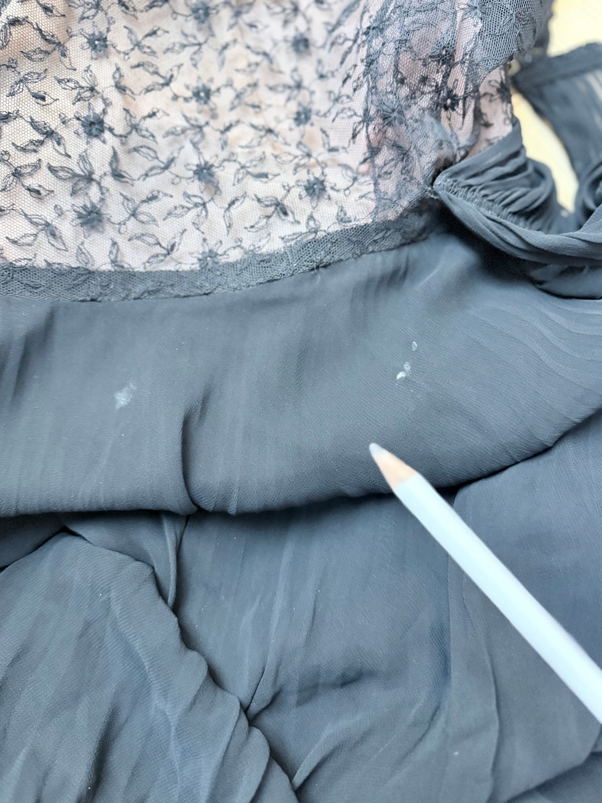 Antique Art Deco 1920s Black Floral Lace Midi Dress