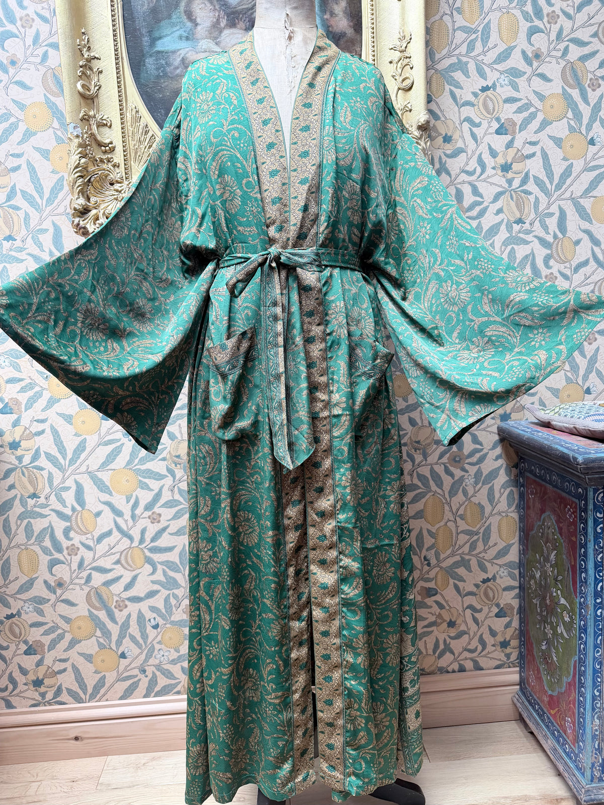 SAMPLE: Green and Gold Silk Floral Kimono | Traditionally Made from Vintage Sari Material