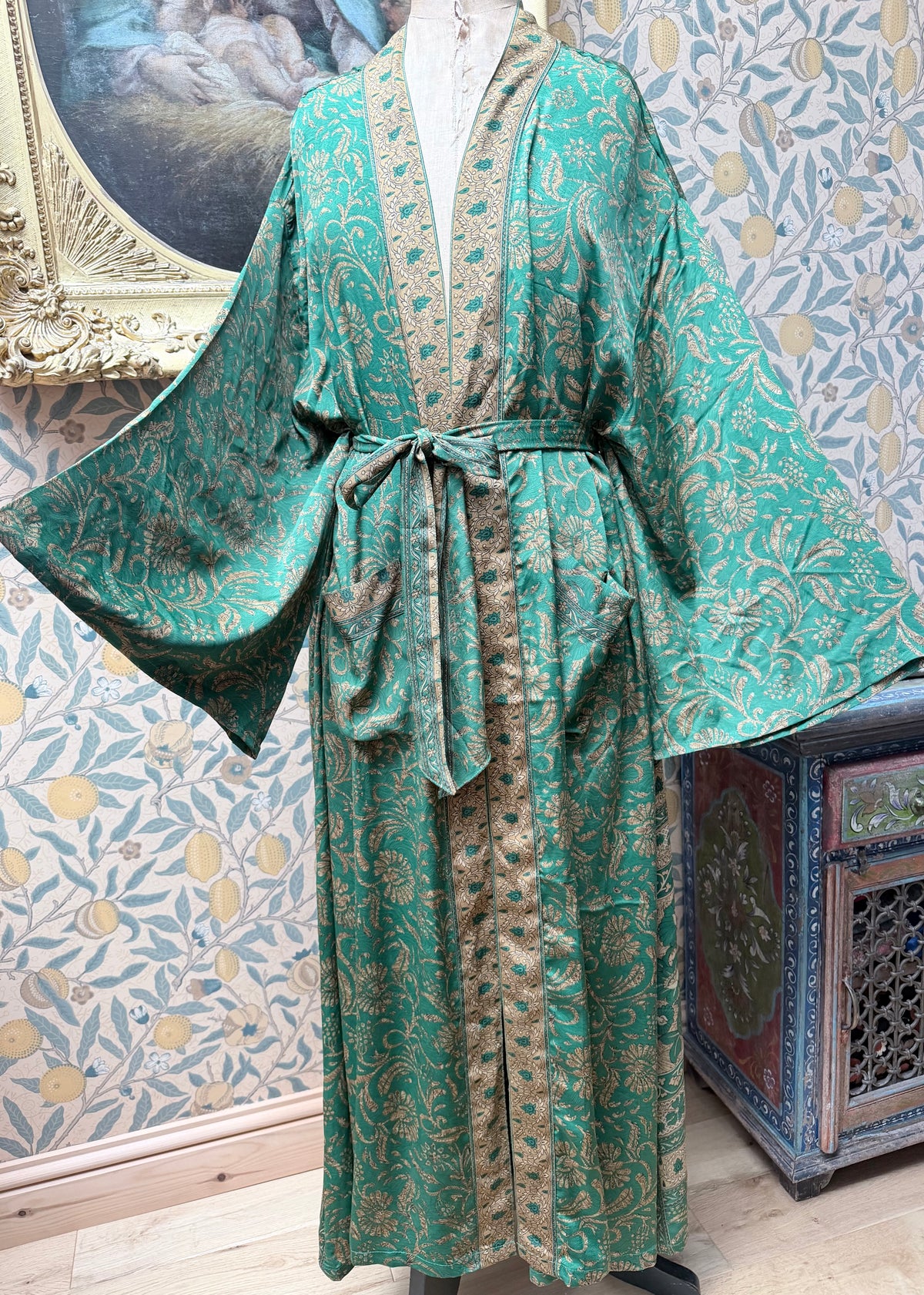 SAMPLE: Green and Gold Silk Floral Kimono | Traditionally Made from Vintage Sari Material