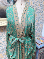 SAMPLE: Green and Gold Silk Floral Kimono | Traditionally Made from Vintage Sari Material