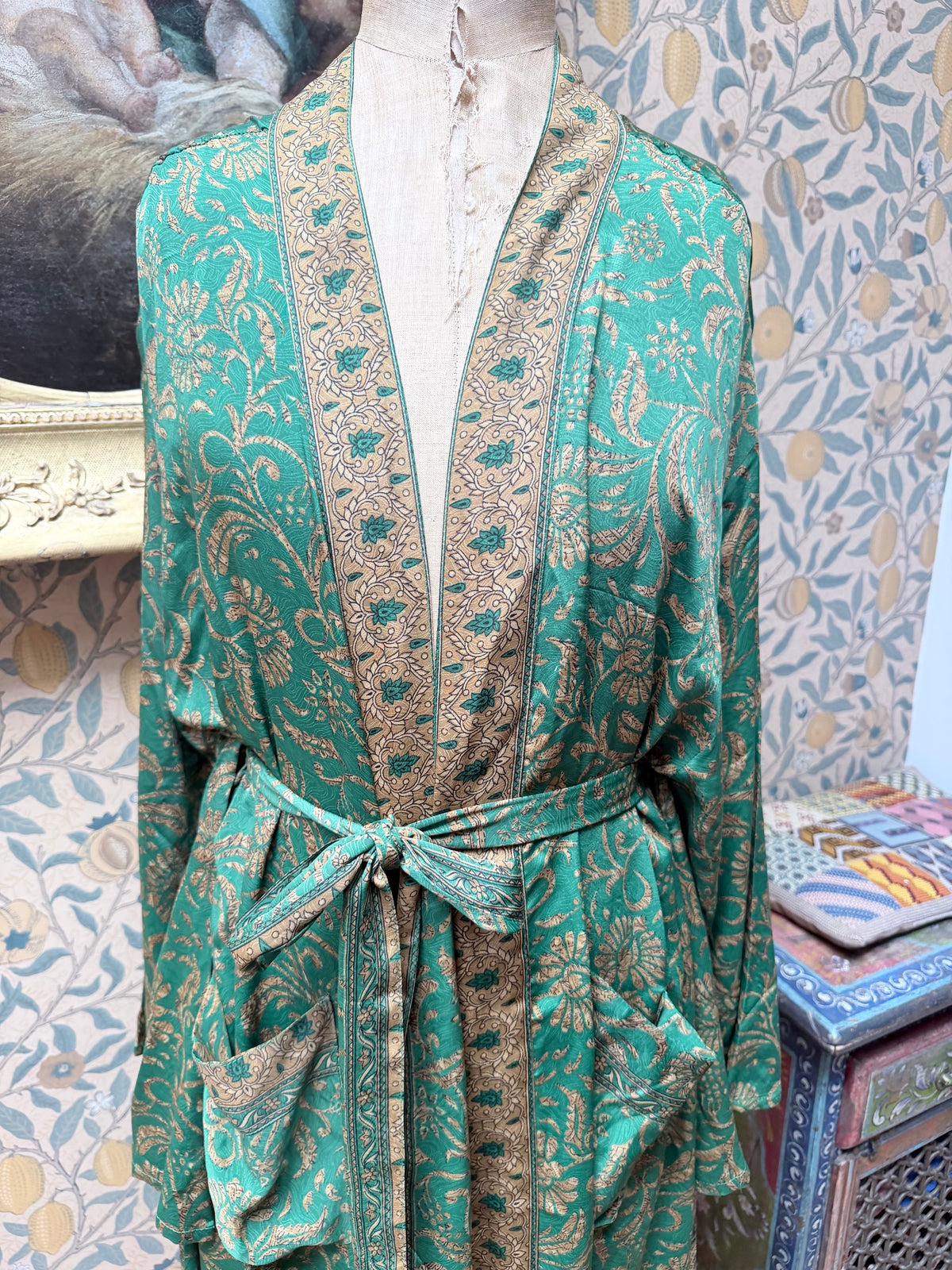 SAMPLE: Green and Gold Silk Floral Kimono | Traditionally Made from Vintage Sari Material