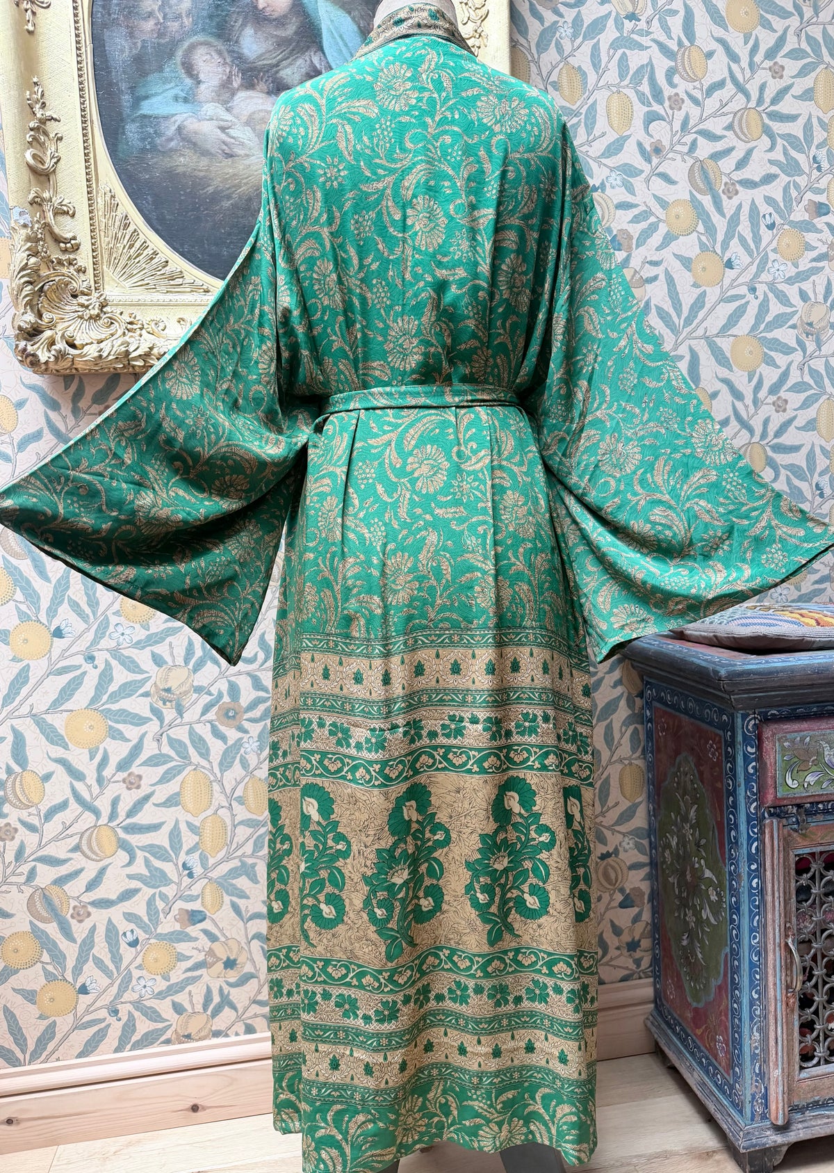 SAMPLE: Green and Gold Silk Floral Kimono | Traditionally Made from Vintage Sari Material
