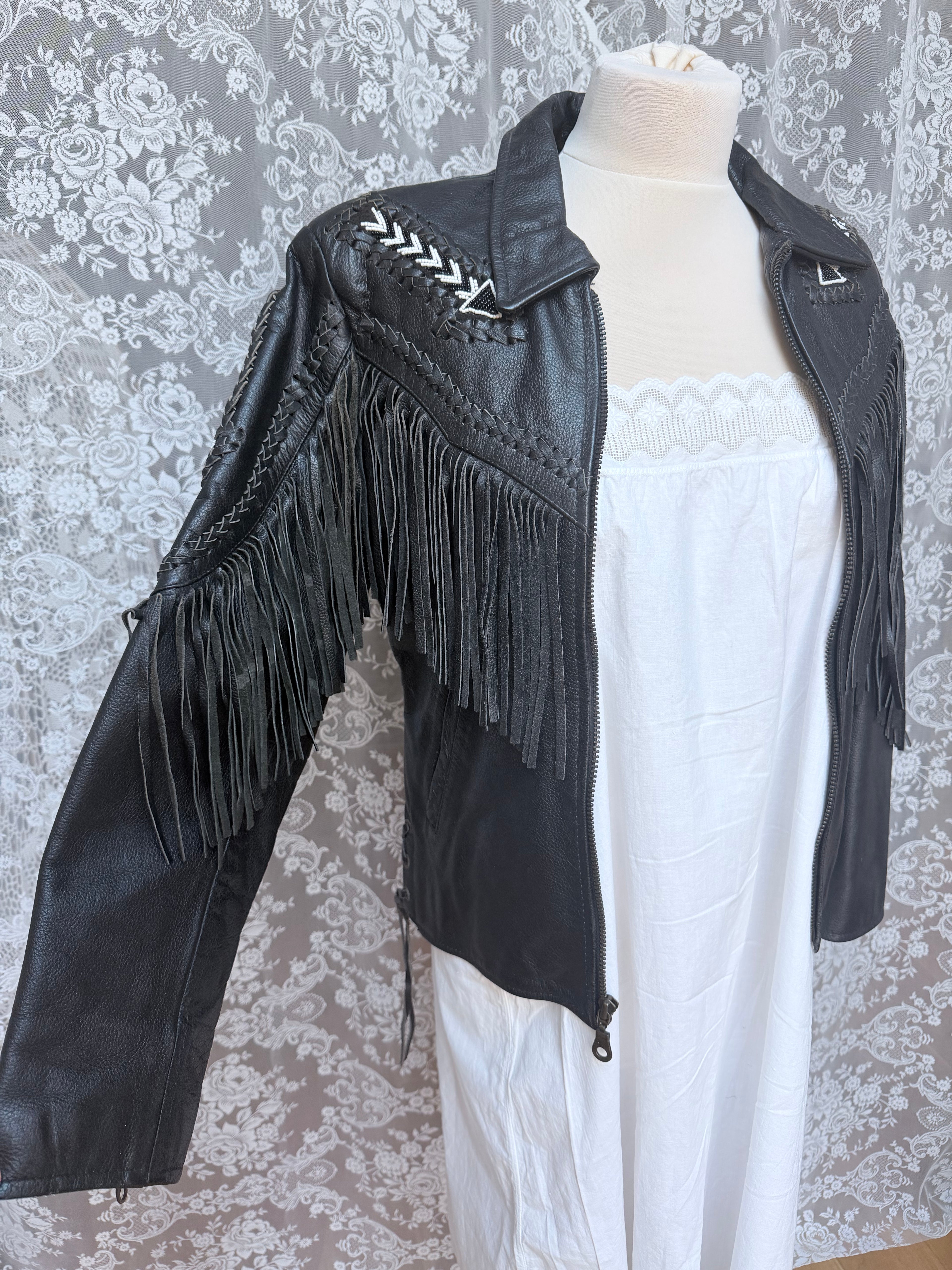 Rare Original 1970s Leather Biker Jacket with Tassels
