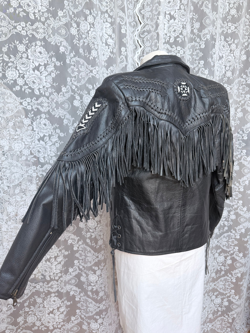 Rare Original 1970s Leather Biker Jacket with Tassels
