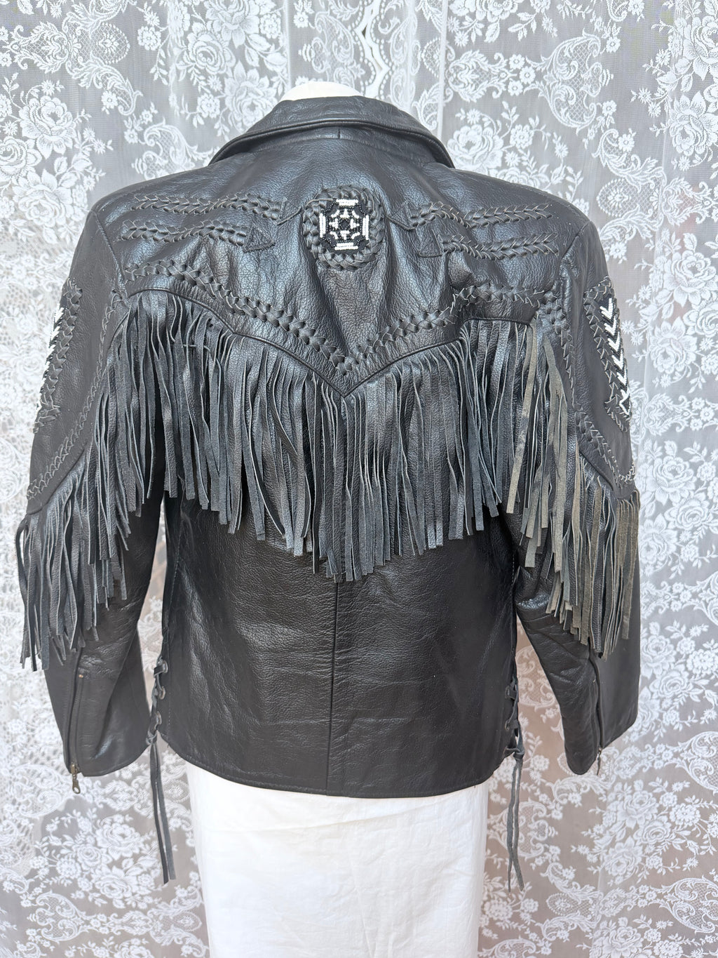 Rare Original 1970s Leather Biker Jacket with Tassels
