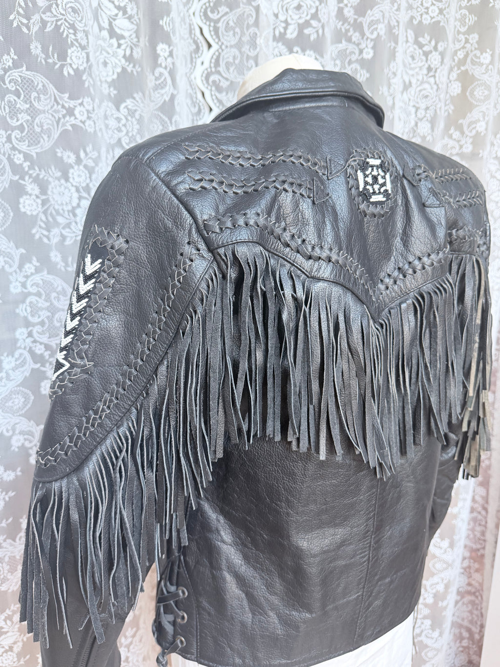 Rare Original 1970s Leather Biker Jacket with Tassels