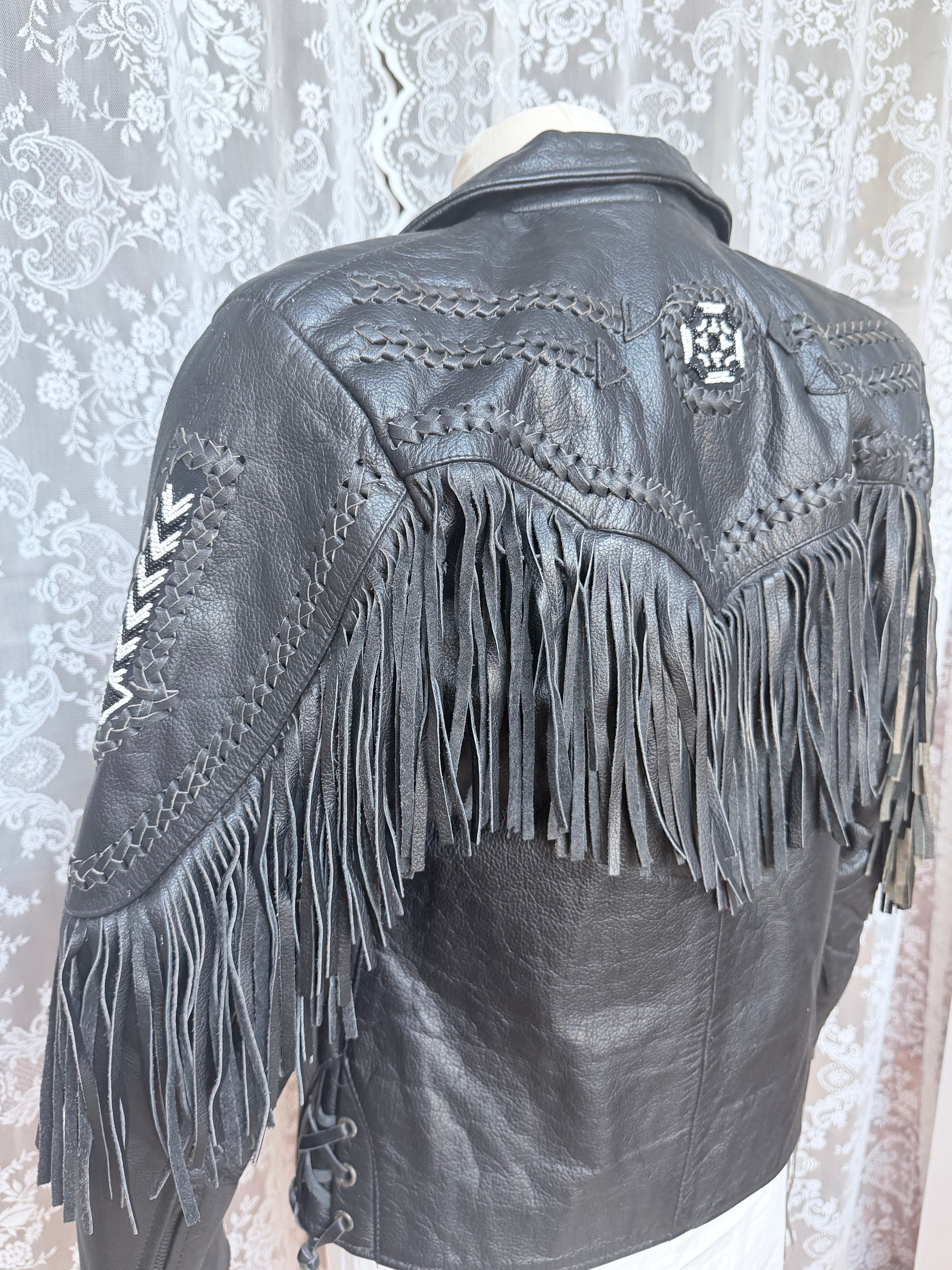 Rare Original 1970s Leather Biker Jacket with Tassels