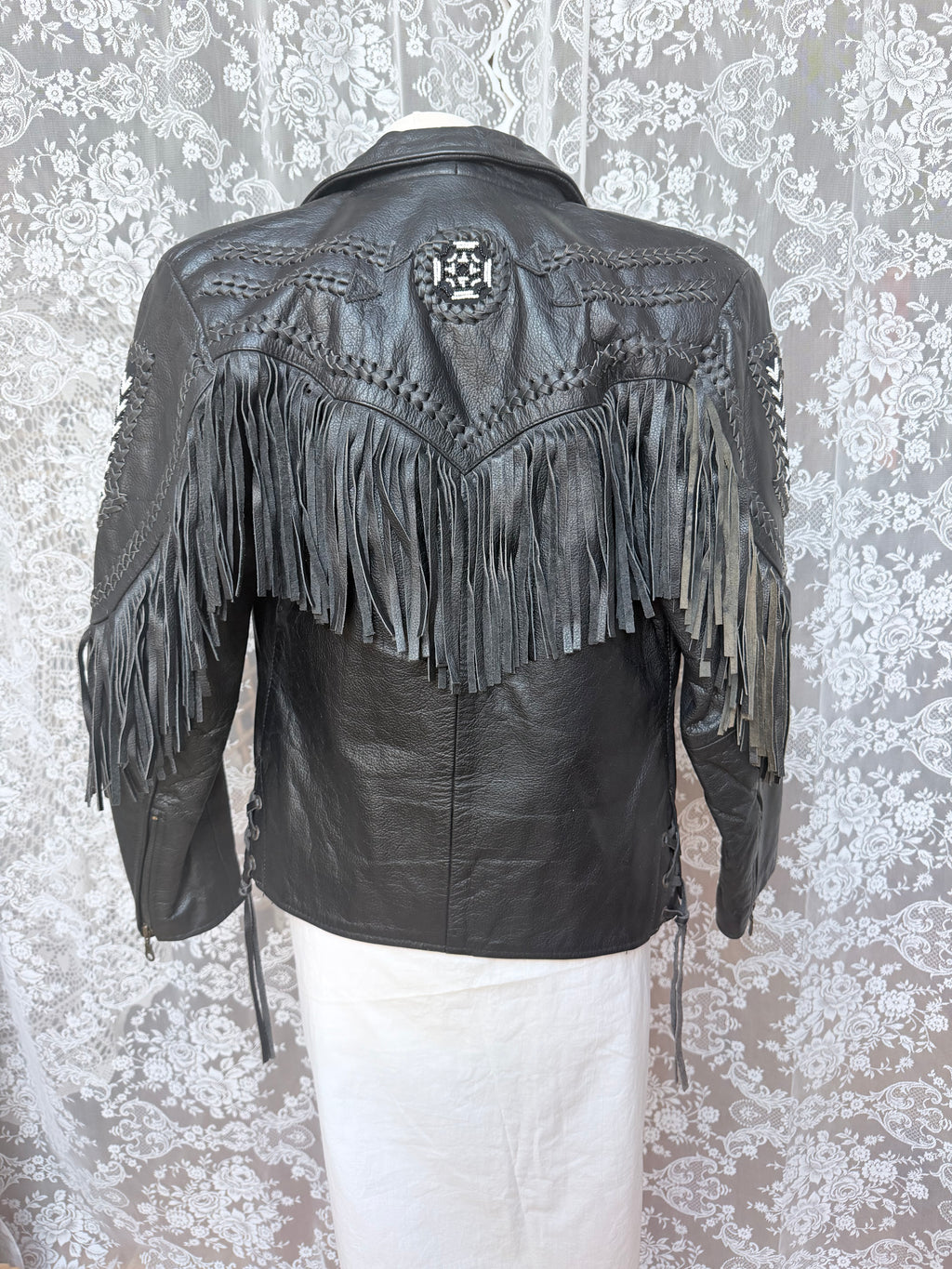 Rare Original 1970s Leather Biker Jacket with Tassels