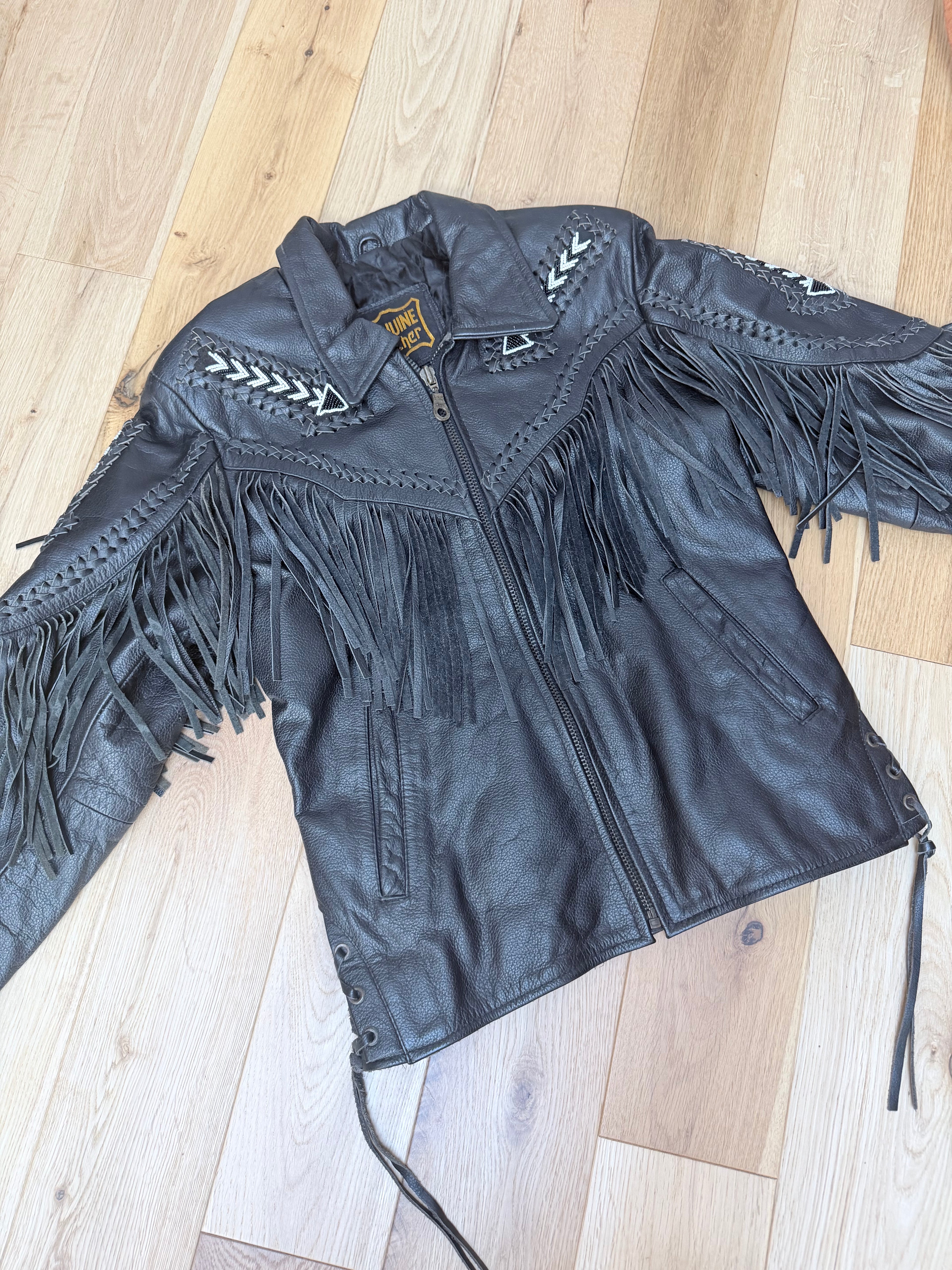 Rare Original 1970s Leather Biker Jacket with Tassels