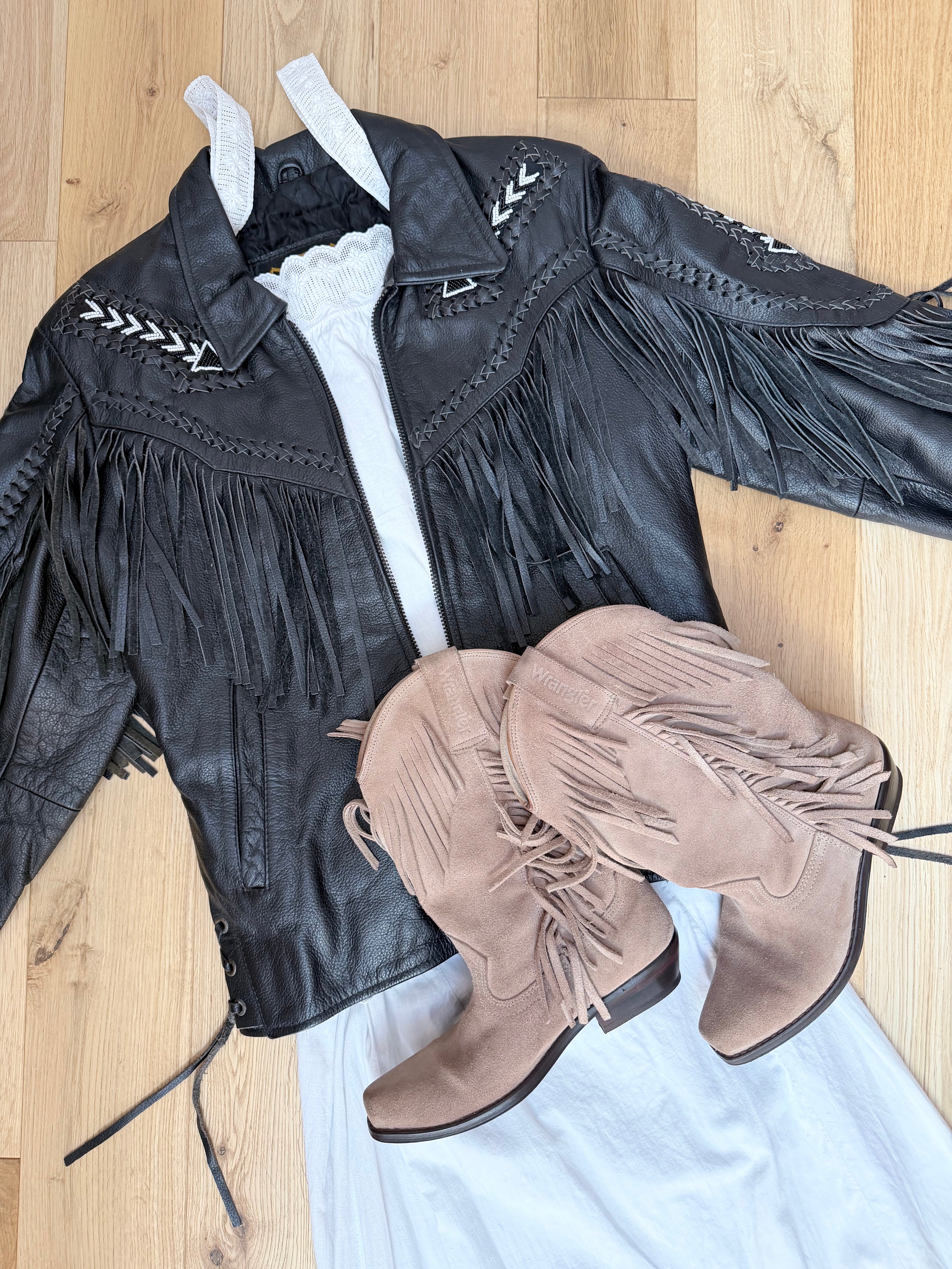 Rare Original 1970s Leather Biker Jacket with Tassels