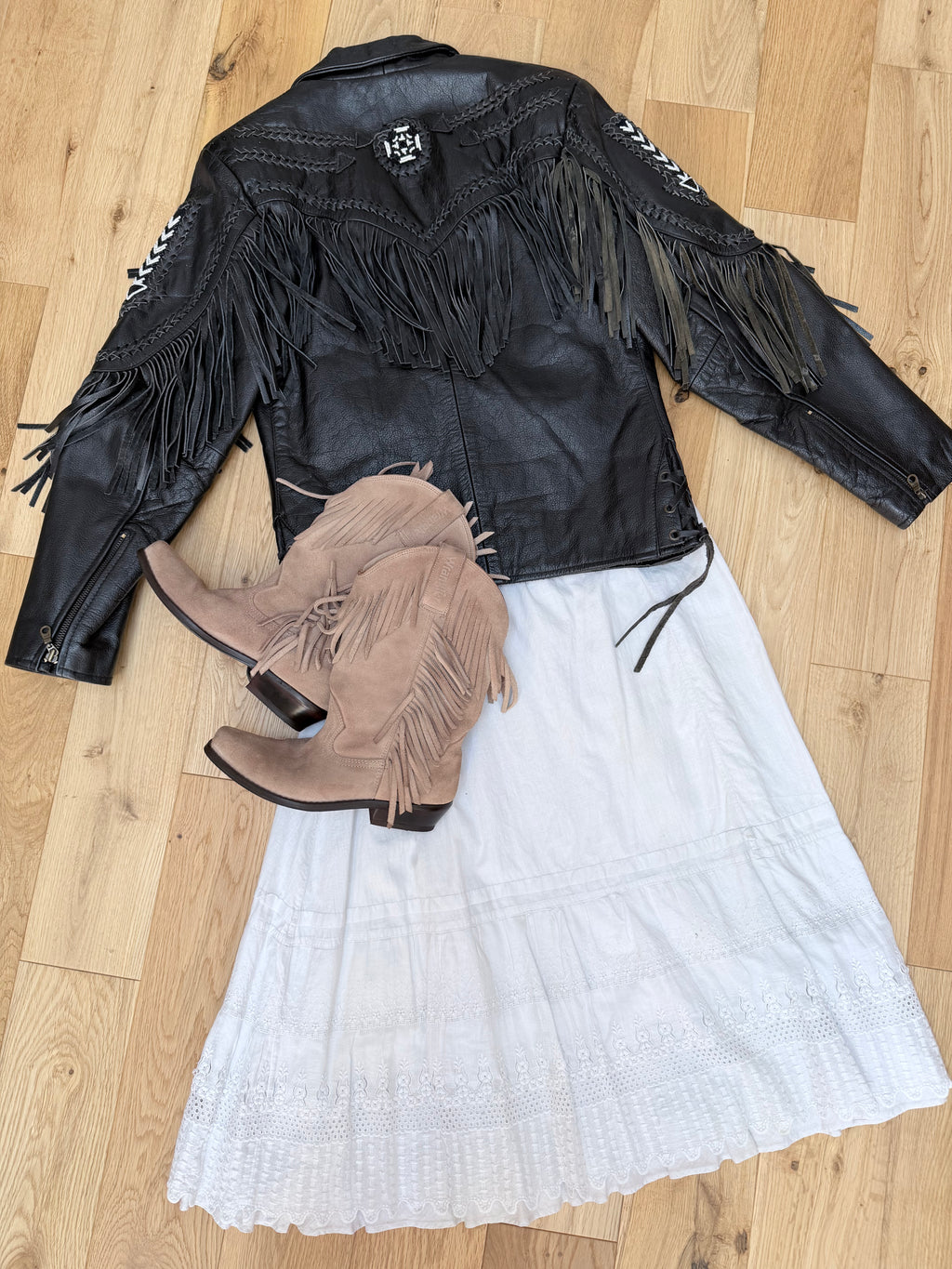 Rare Original 1970s Leather Biker Jacket with Tassels