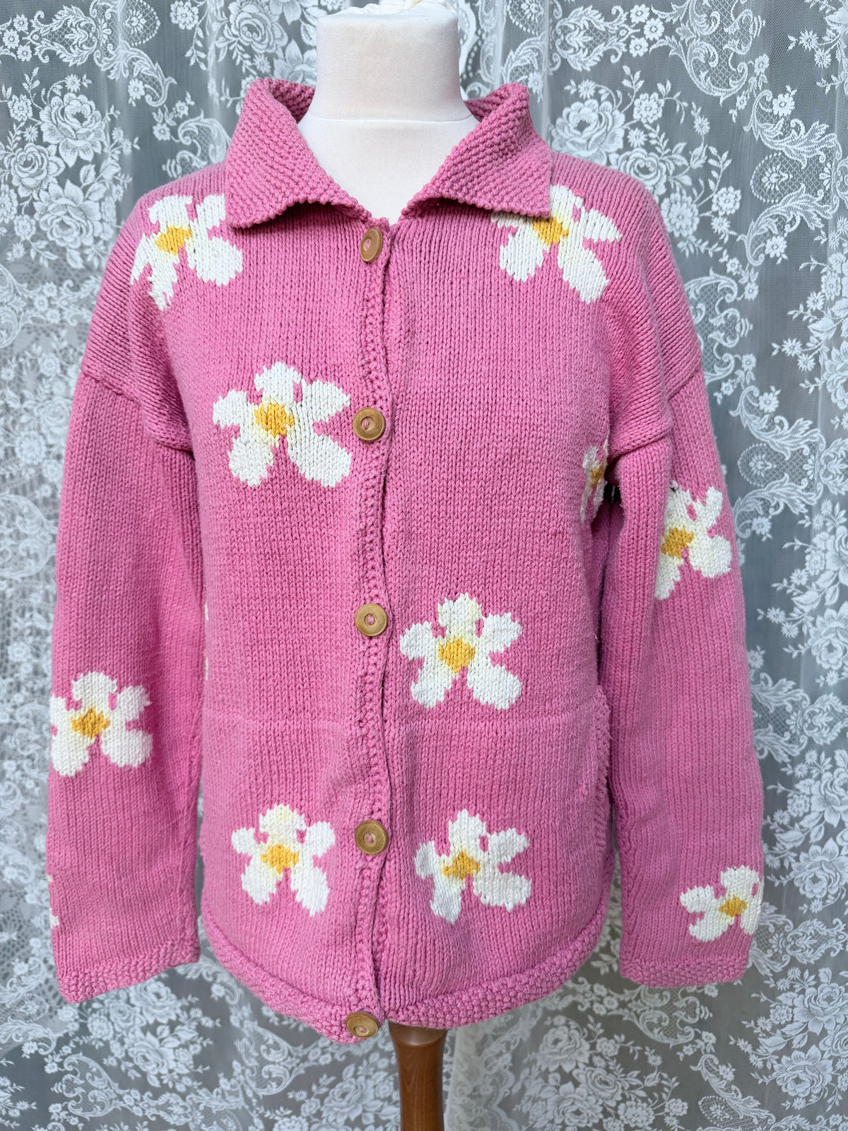 Vintage 1990s Pachamama Pink Daisy Embroidered Cotton Cardigan