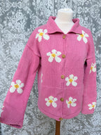 Vintage 1990s Pachamama Pink Daisy Embroidered Cotton Cardigan