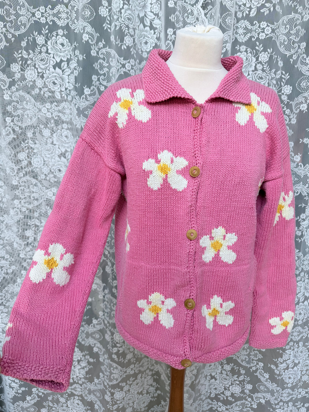 Vintage 1990s Pachamama Pink Daisy Embroidered Cotton Cardigan