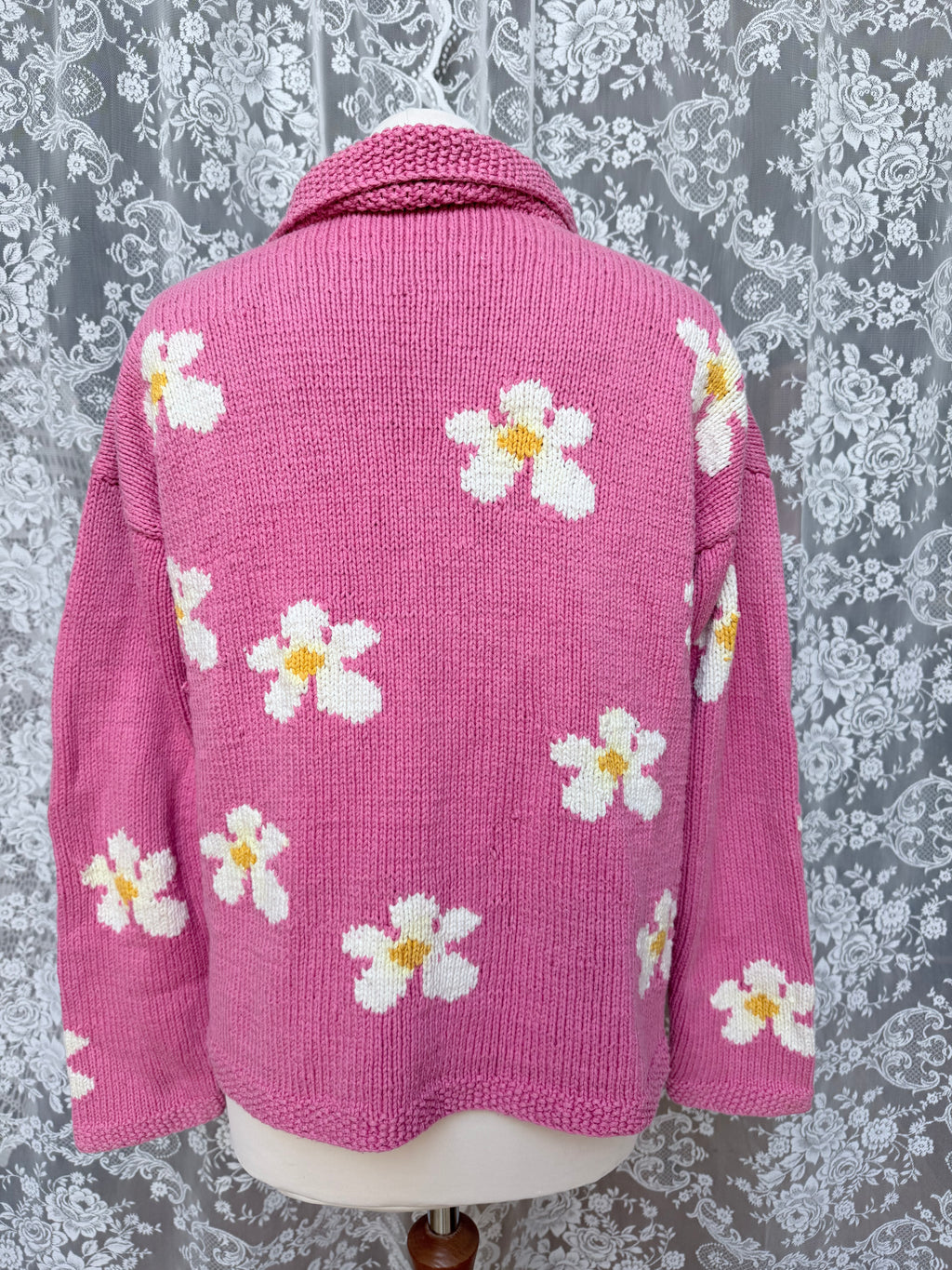 Vintage 1990s Pachamama Pink Daisy Embroidered Cotton Cardigan