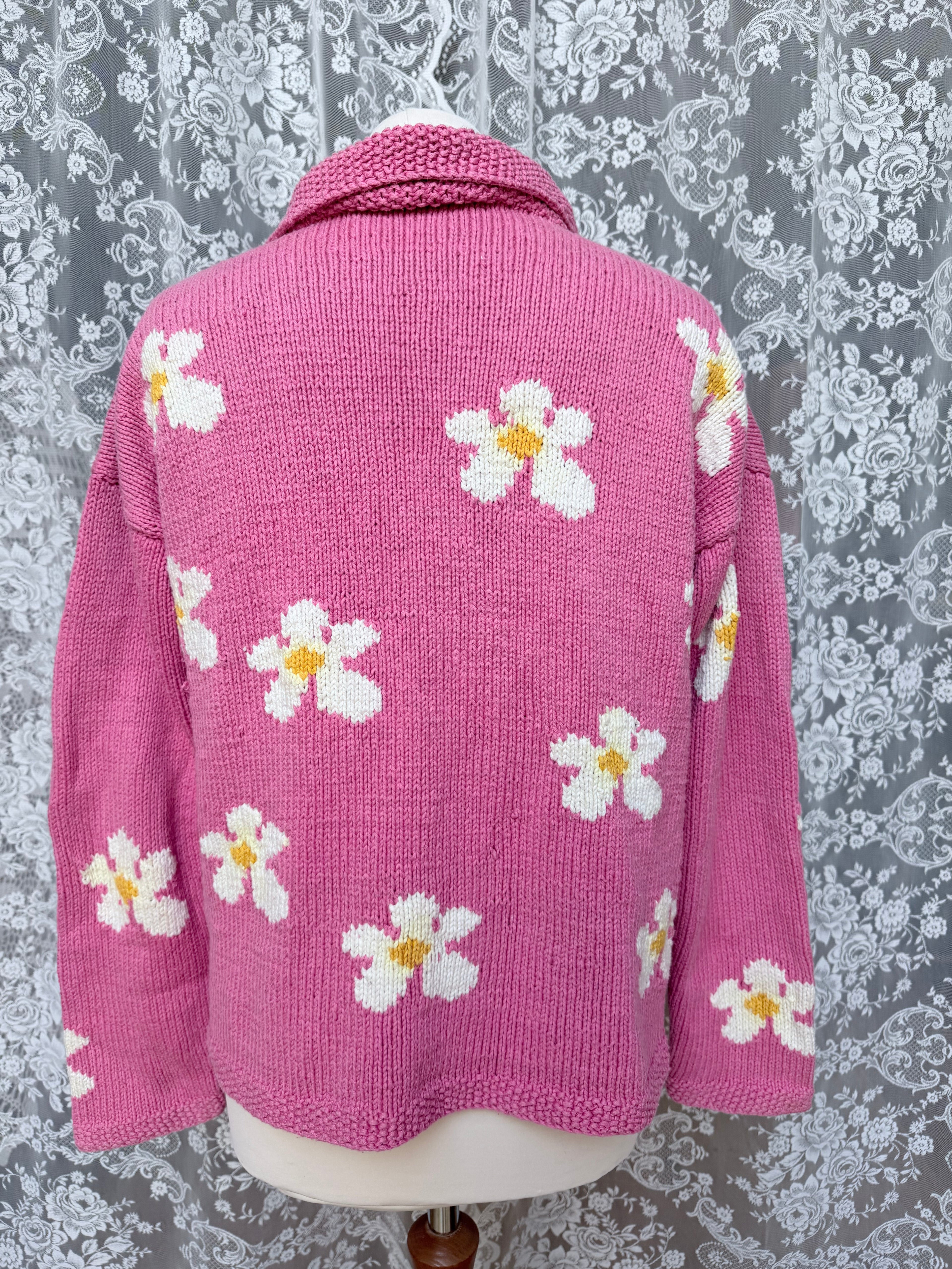 Vintage 1990s Pachamama Pink Daisy Embroidered Cotton Cardigan