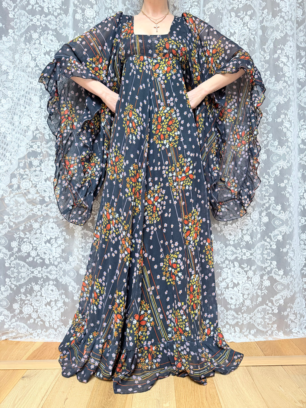 Rare Early 1970s David Silverman Floral Angel Sleeve Maxi Dress