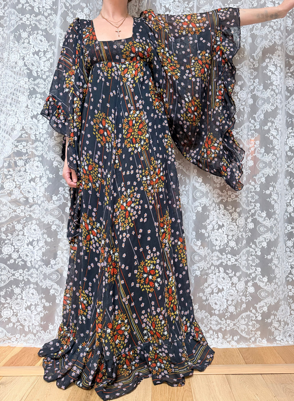 Rare Early 1970s David Silverman Floral Angel Sleeve Maxi Dress