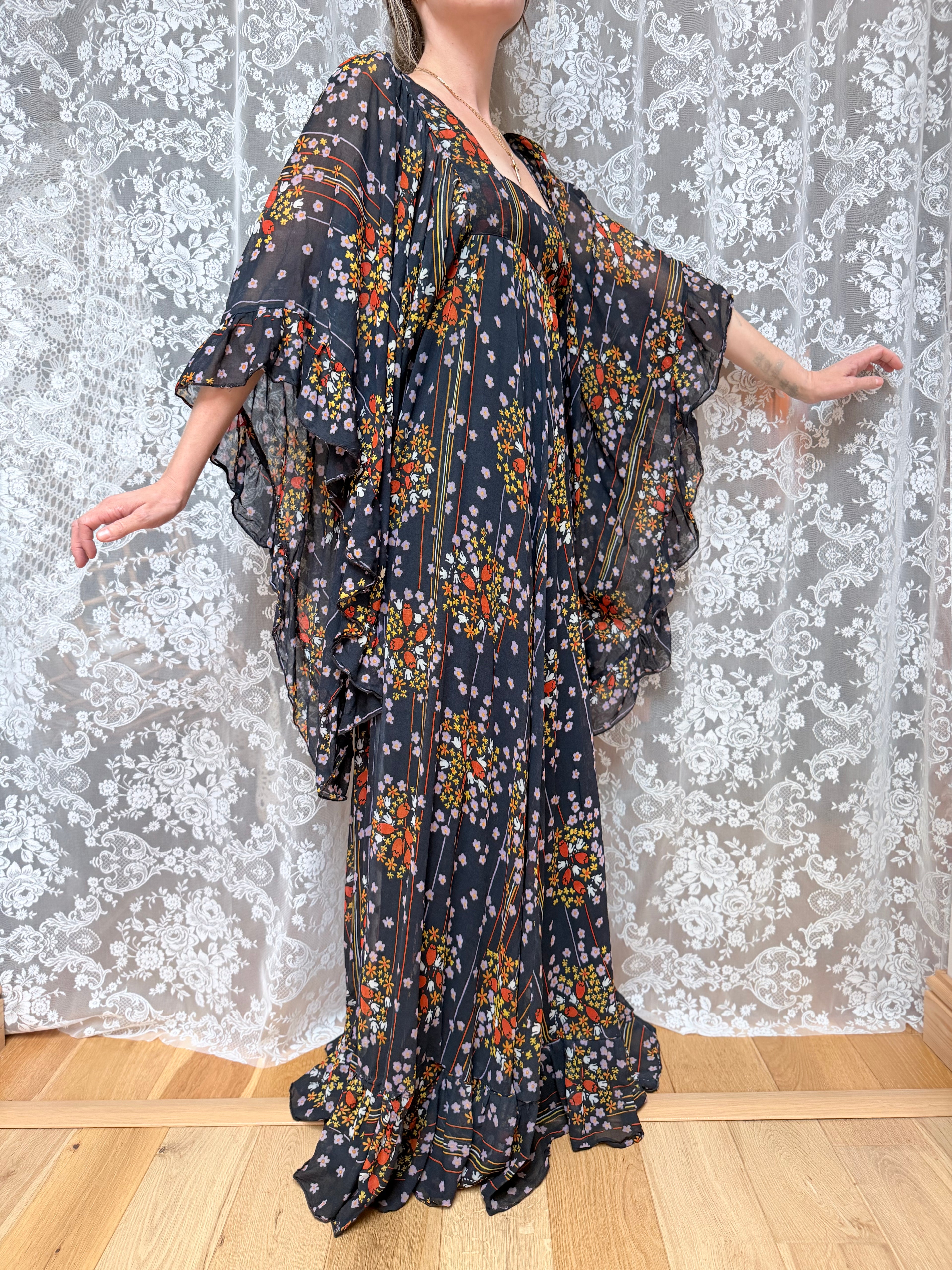 Rare Early 1970s David Silverman Floral Angel Sleeve Maxi Dress