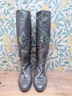 Vintage Silver Leather Knee-High Geometric Mosaic Boots