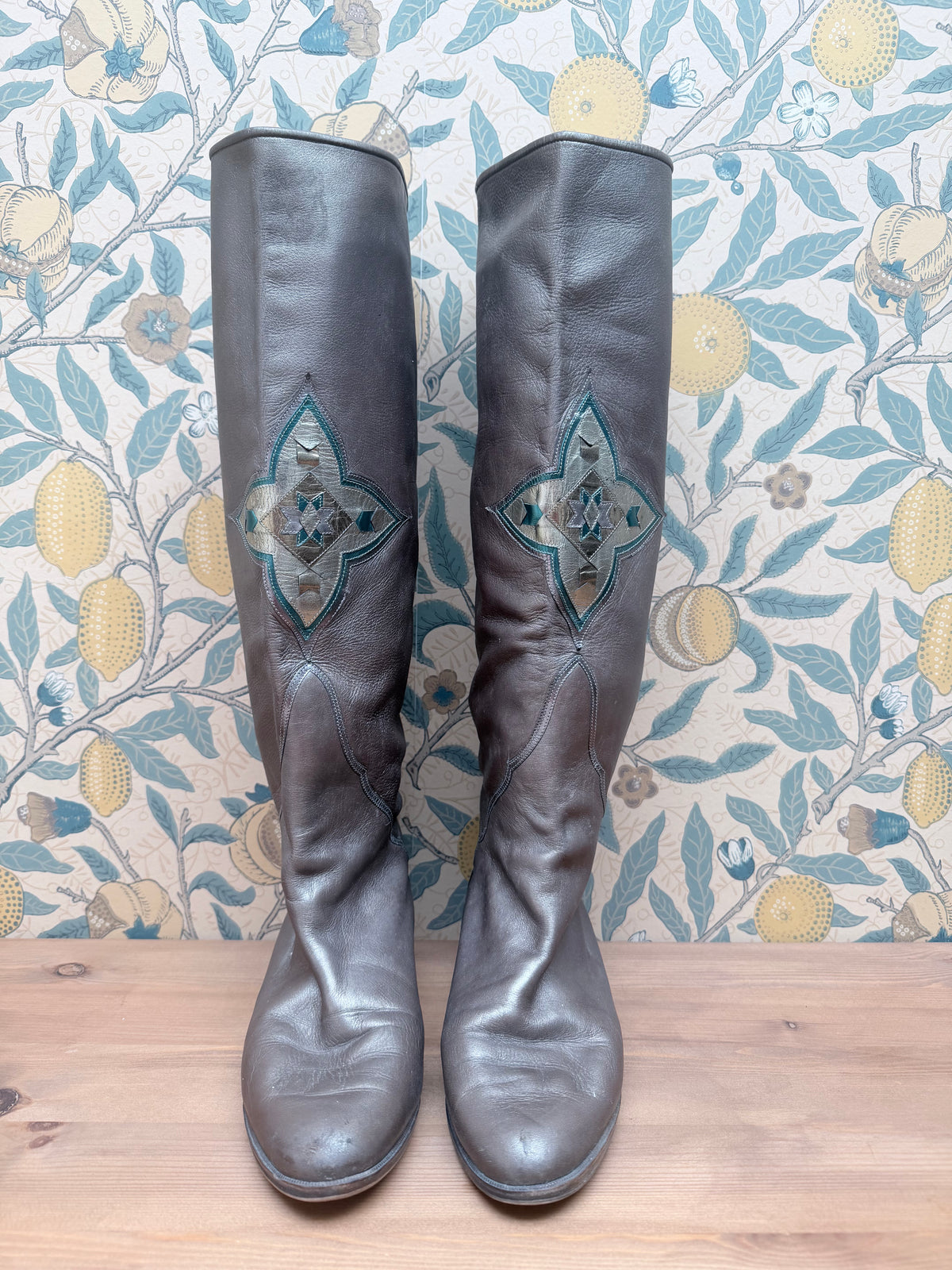 Vintage Silver Leather Knee-High Geometric Mosaic Boots