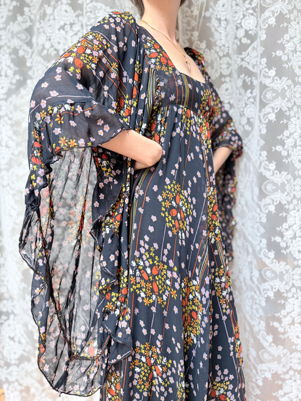 Rare Early 1970s David Silverman Floral Angel Sleeve Maxi Dress
