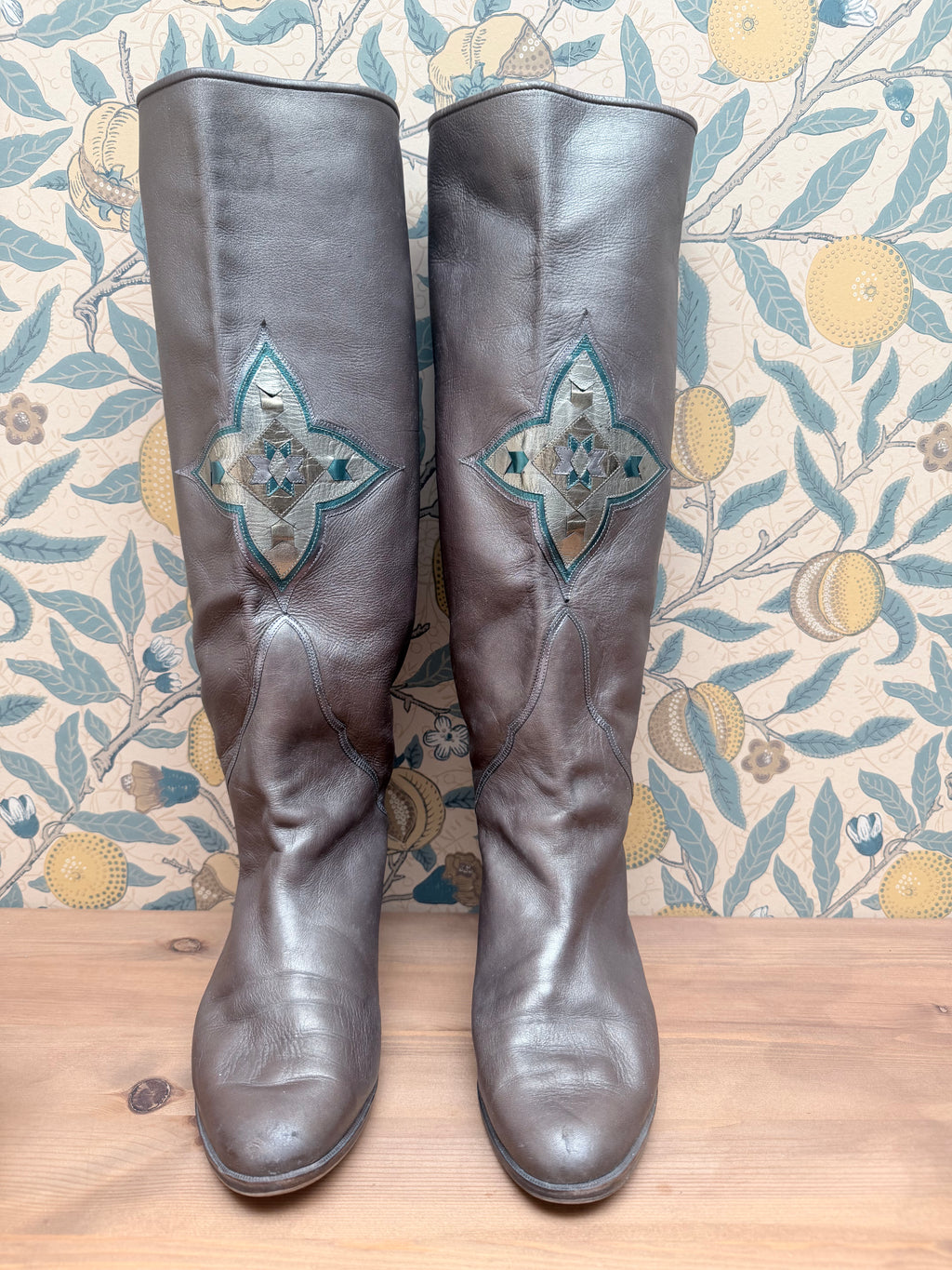 Vintage Silver Leather Knee-High Geometric Mosaic Boots