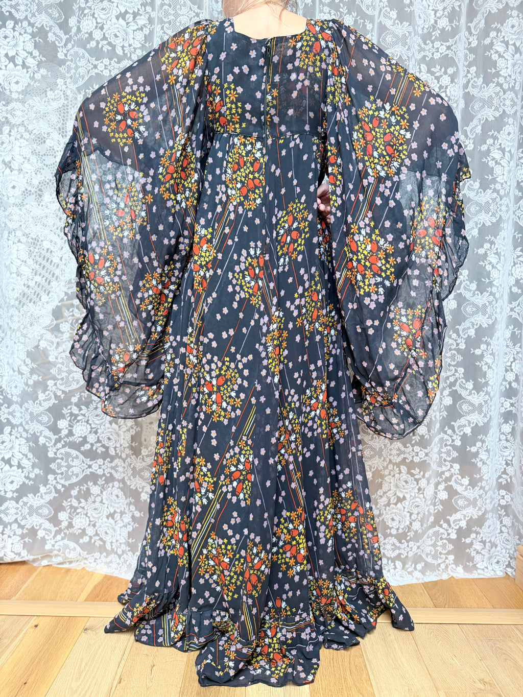 Rare Early 1970s David Silverman Floral Angel Sleeve Maxi Dress