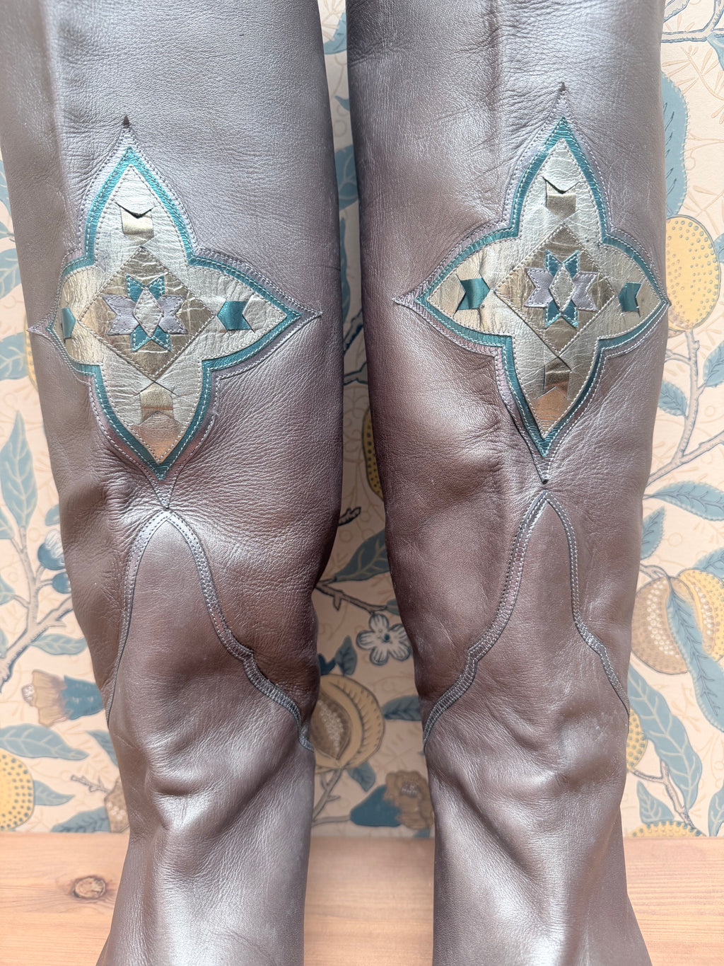 Vintage Silver Leather Knee-High Geometric Mosaic Boots