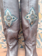Vintage Silver Leather Knee-High Geometric Mosaic Boots
