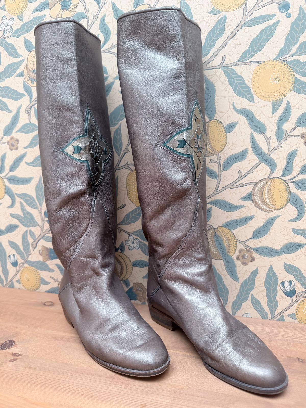 Vintage Silver Leather Knee-High Geometric Mosaic Boots
