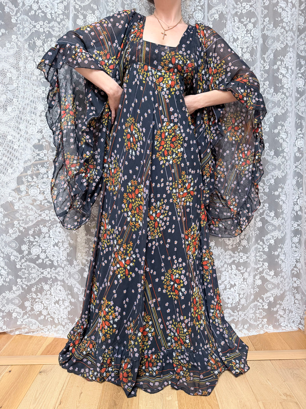 Rare Early 1970s David Silverman Floral Angel Sleeve Maxi Dress