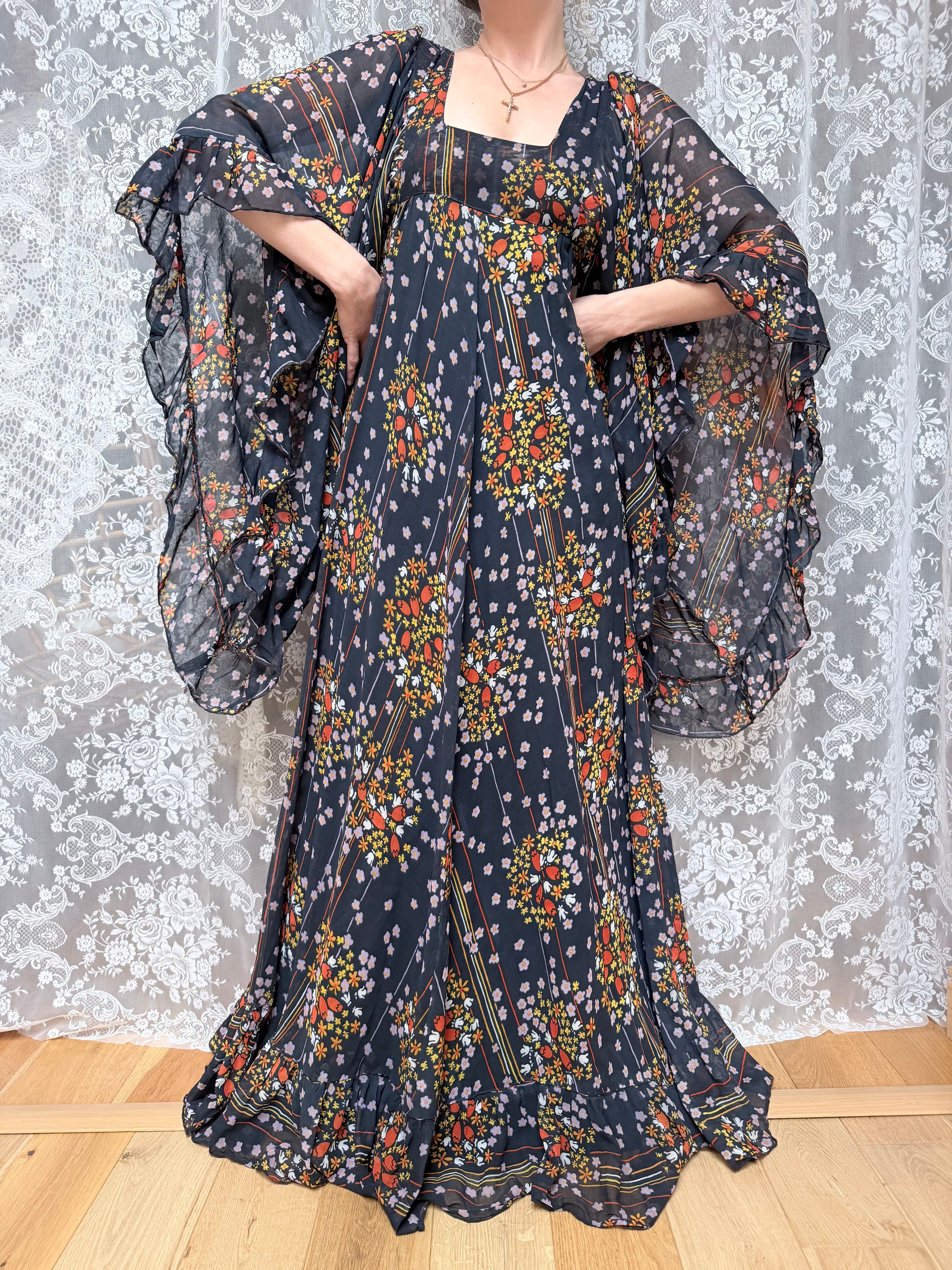 Rare Early 1970s David Silverman Floral Angel Sleeve Maxi Dress