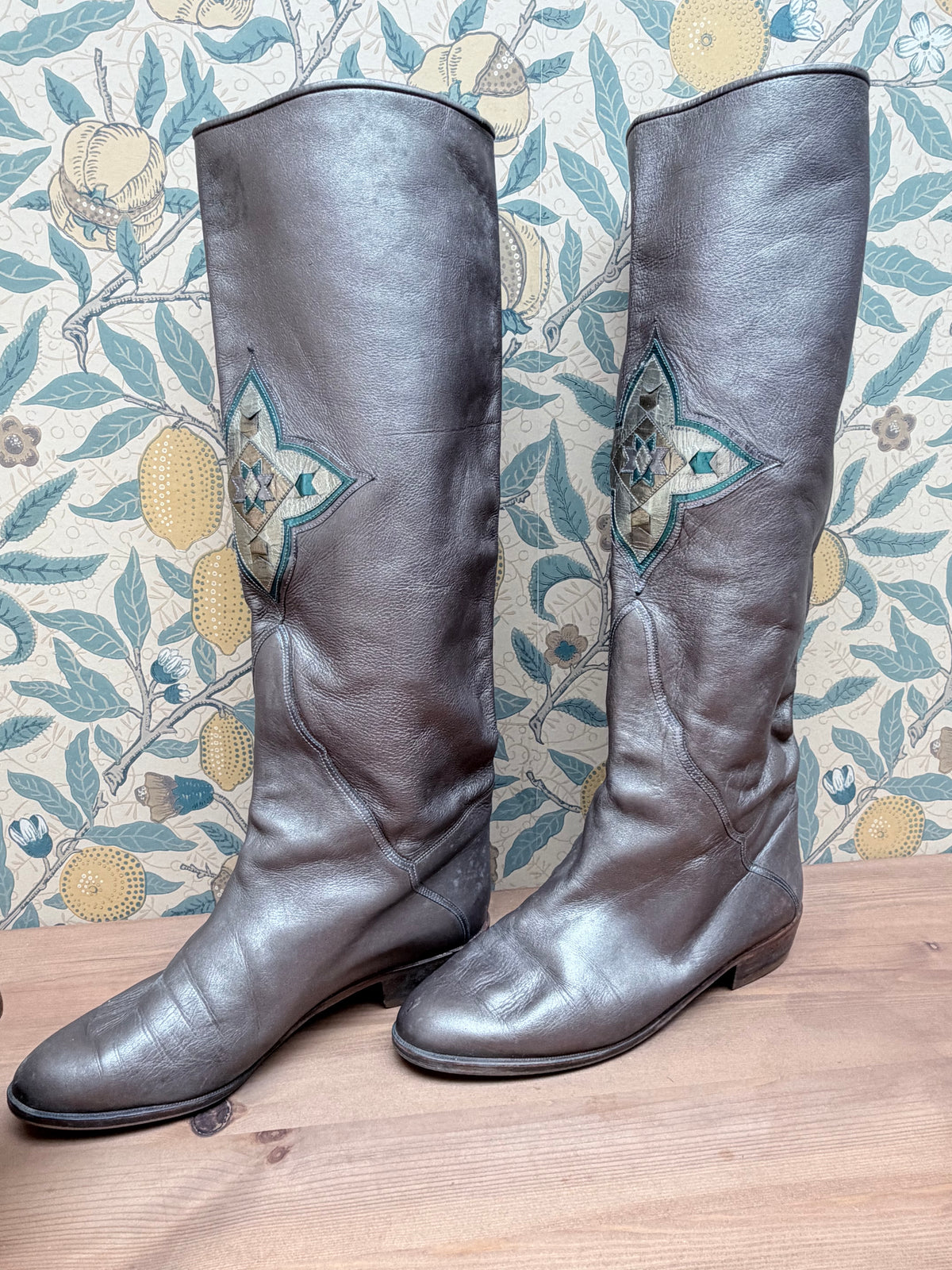 Vintage Silver Leather Knee-High Geometric Mosaic Boots