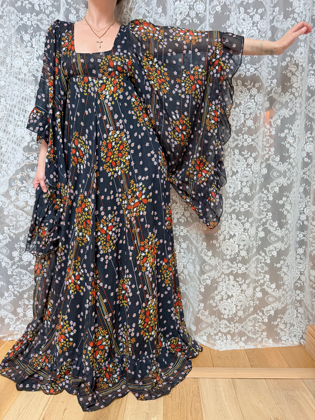 Rare Early 1970s David Silverman Floral Angel Sleeve Maxi Dress
