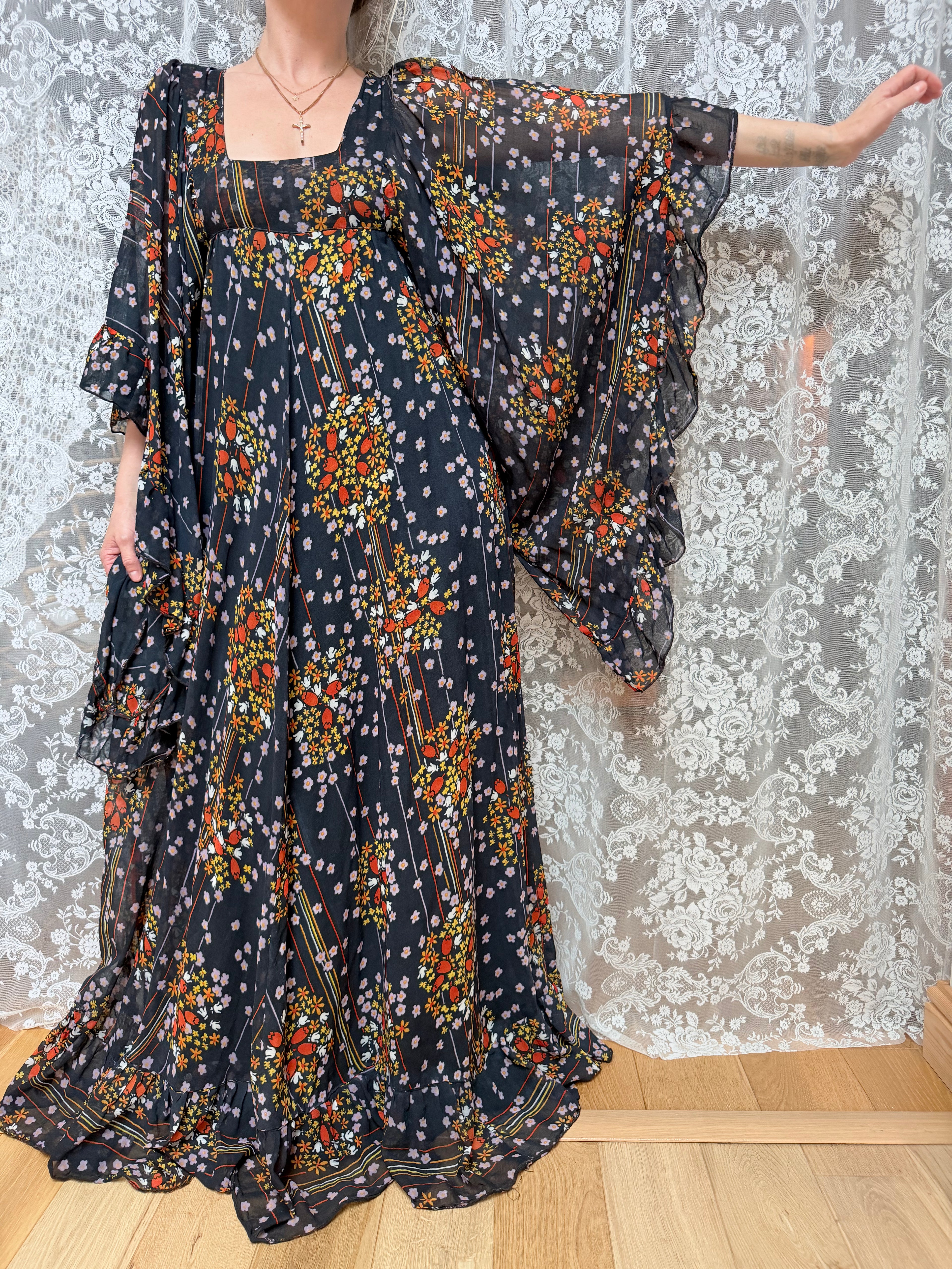 Rare Early 1970s David Silverman Floral Angel Sleeve Maxi Dress