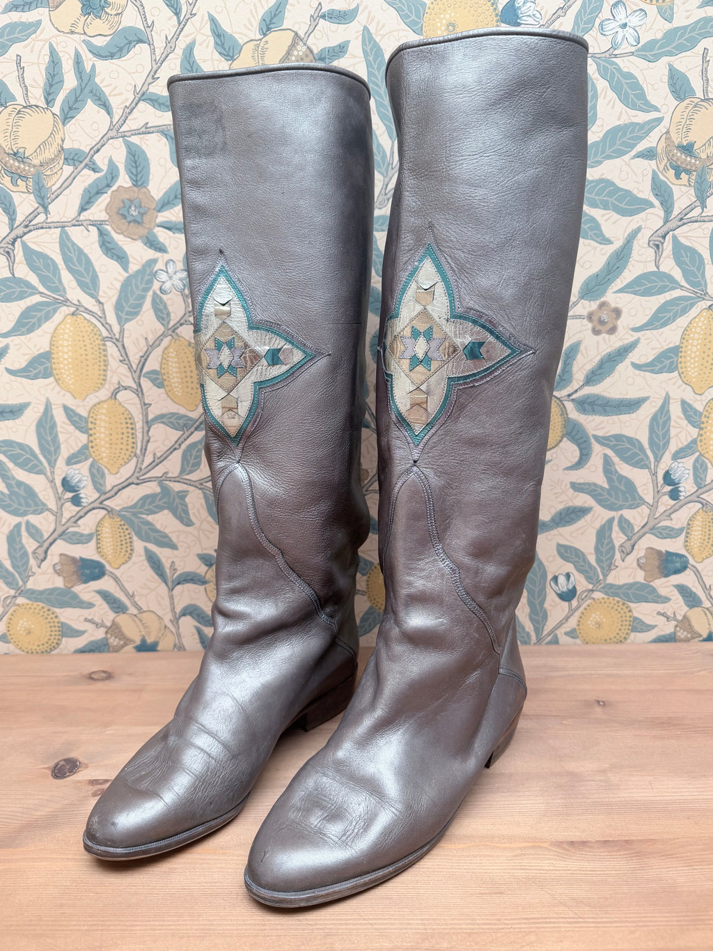 Vintage Silver Leather Knee-High Geometric Mosaic Boots