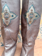 Vintage Silver Leather Knee-High Geometric Mosaic Boots