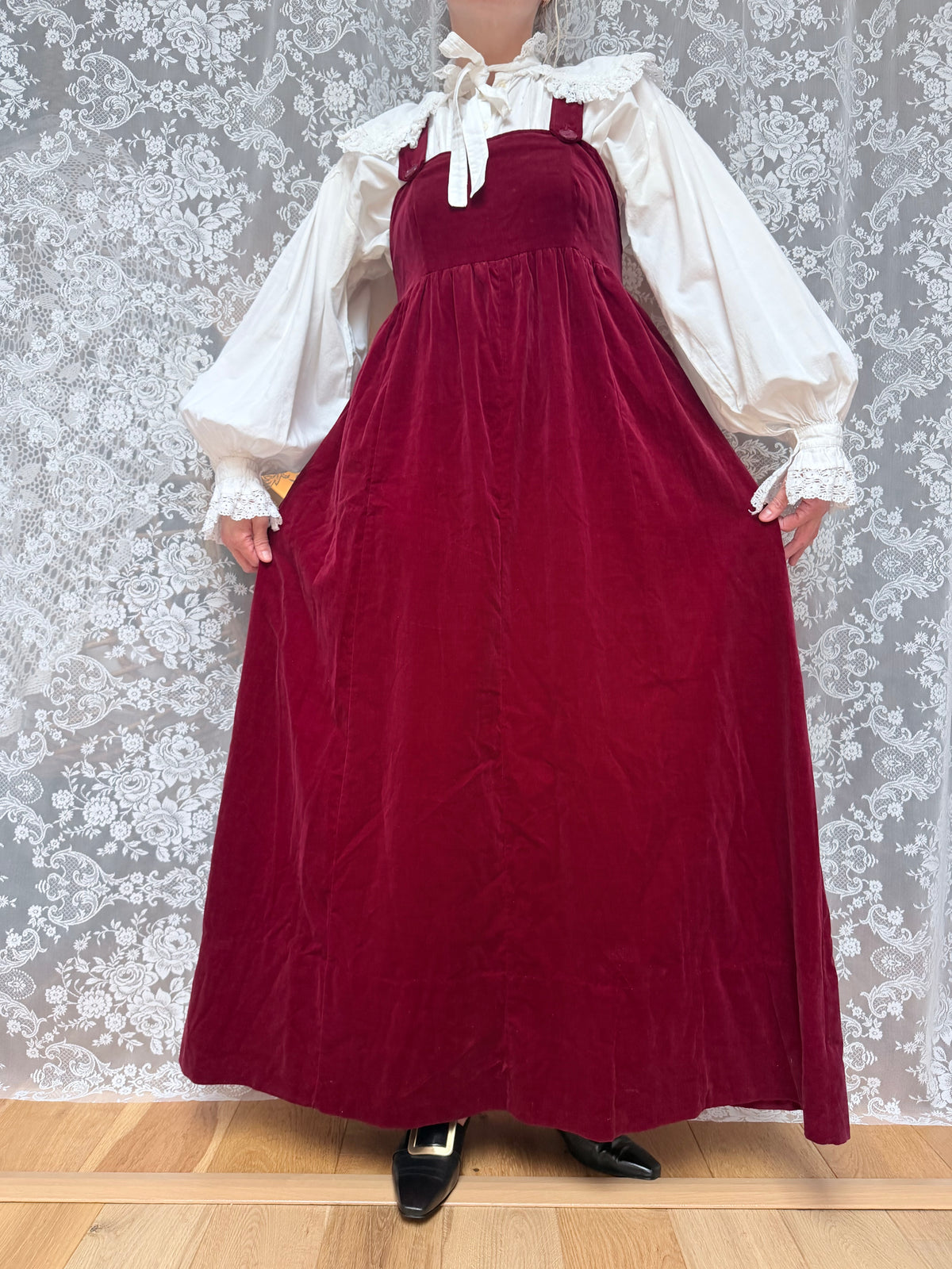 Vintage 1970s Laura Ashley Burgundy Pinafore Dress | Cottagecore Maxi