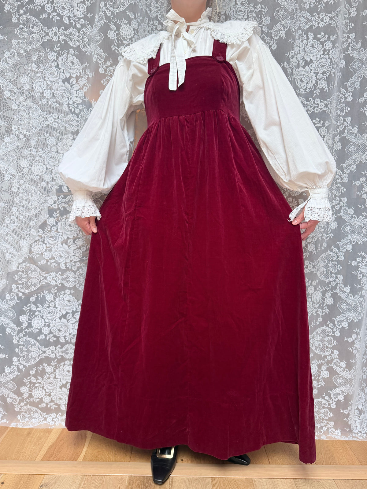 Vintage 1970s Laura Ashley Burgundy Pinafore Dress | Cottagecore Maxi