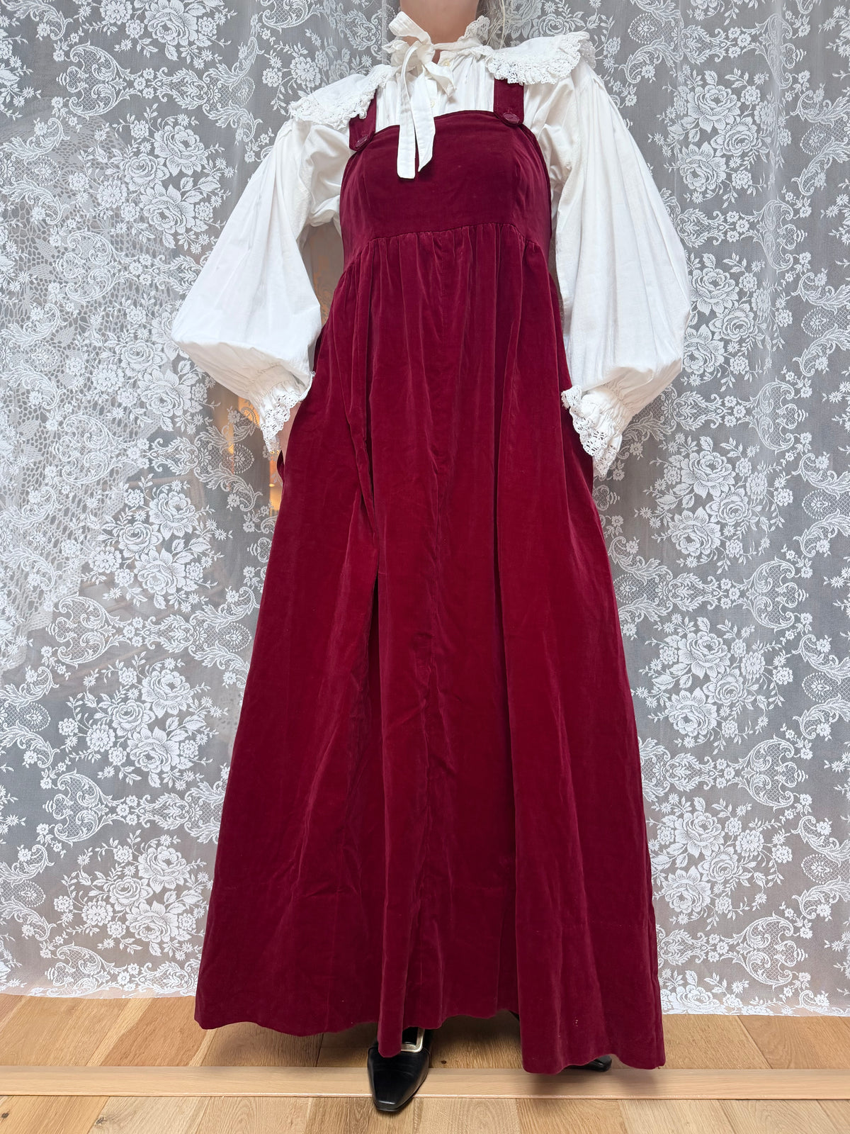 Vintage 1970s Laura Ashley Burgundy Pinafore Dress | Cottagecore Maxi