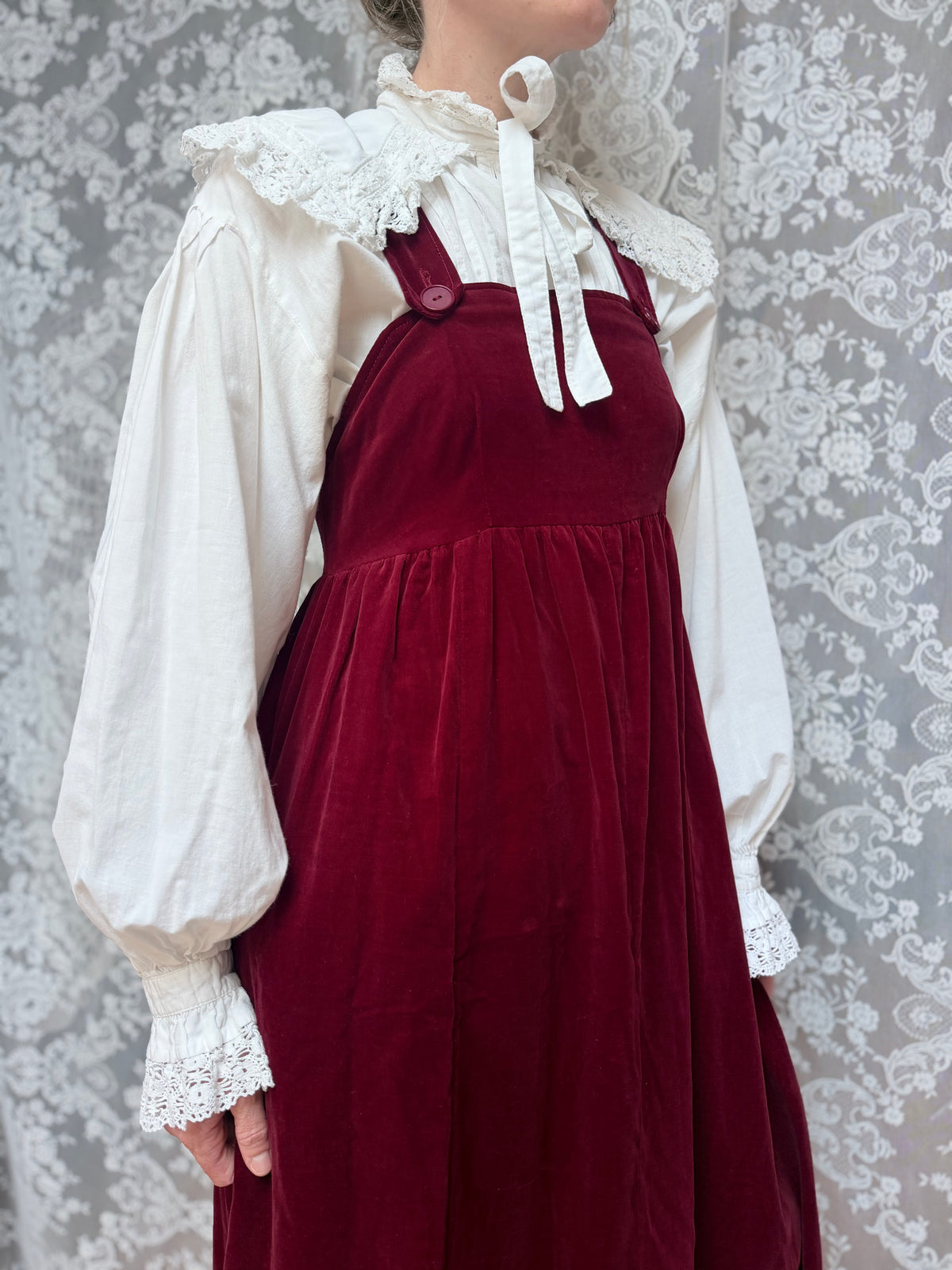 Vintage 1970s Laura Ashley Burgundy Pinafore Dress | Cottagecore Maxi