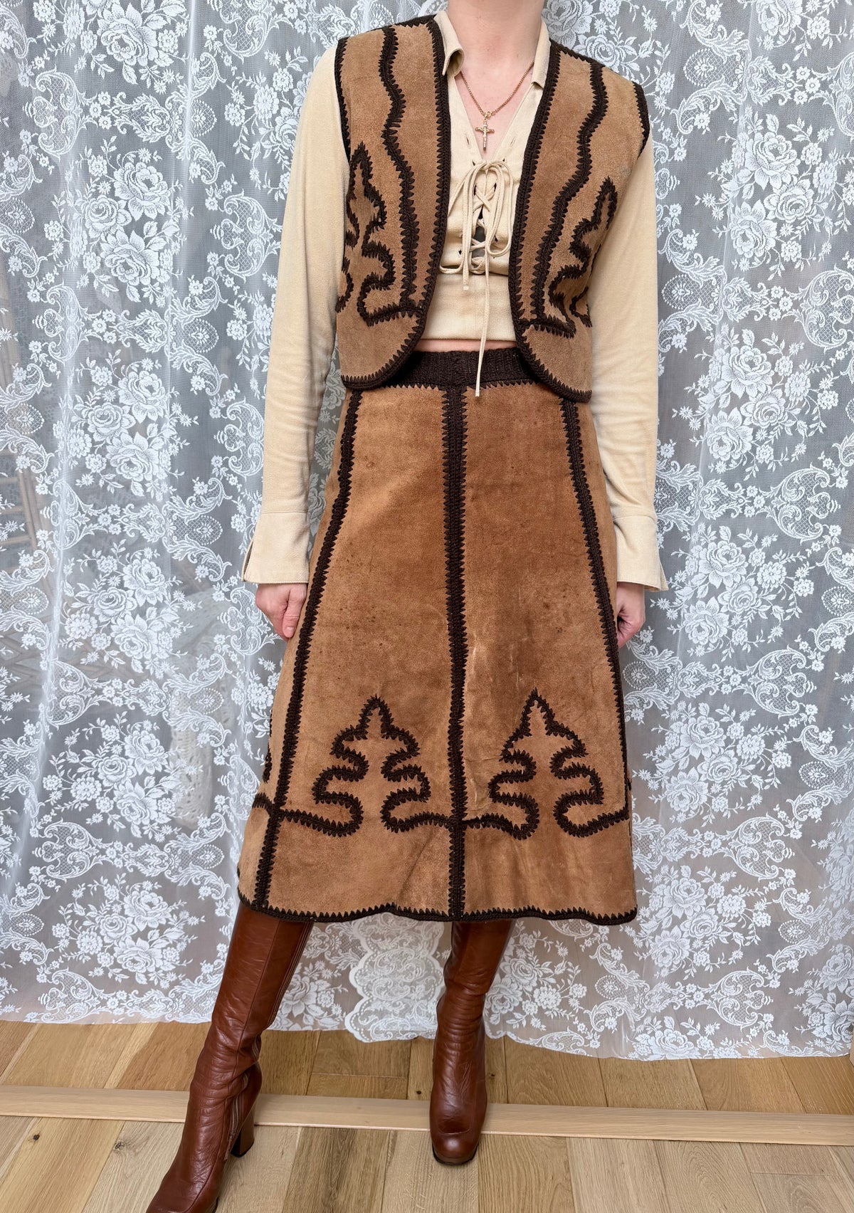 Vintage 1970s Handmade Suede & Crochet Americana Two Piece
