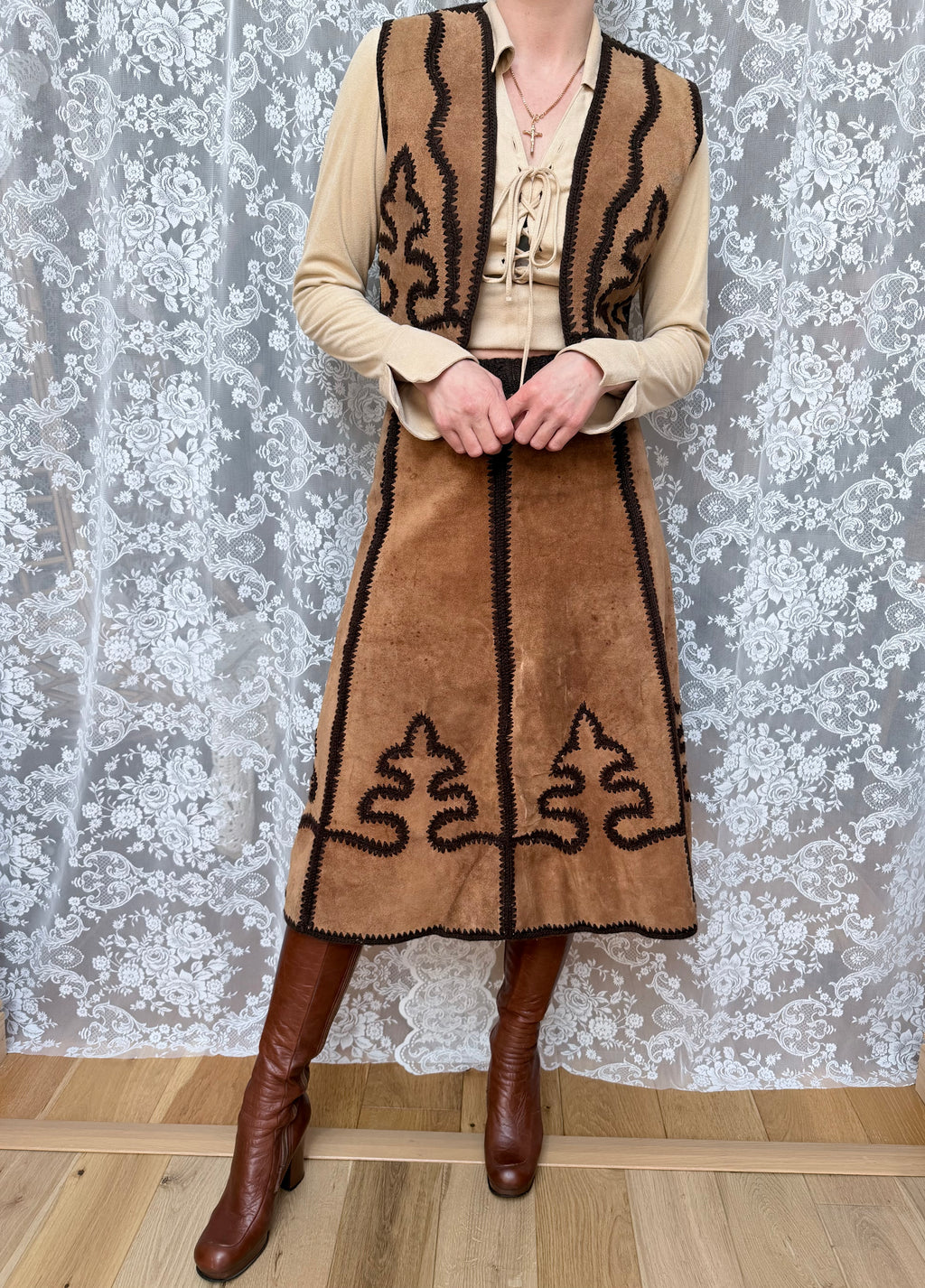Vintage 1970s Handmade Suede & Crochet Americana Two Piece