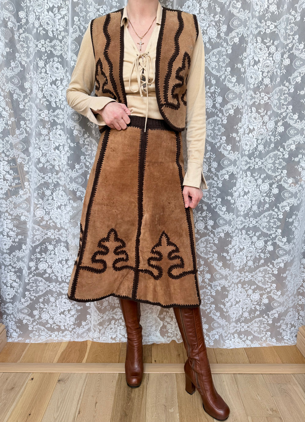 Vintage 1970s Handmade Suede & Crochet Americana Two Piece