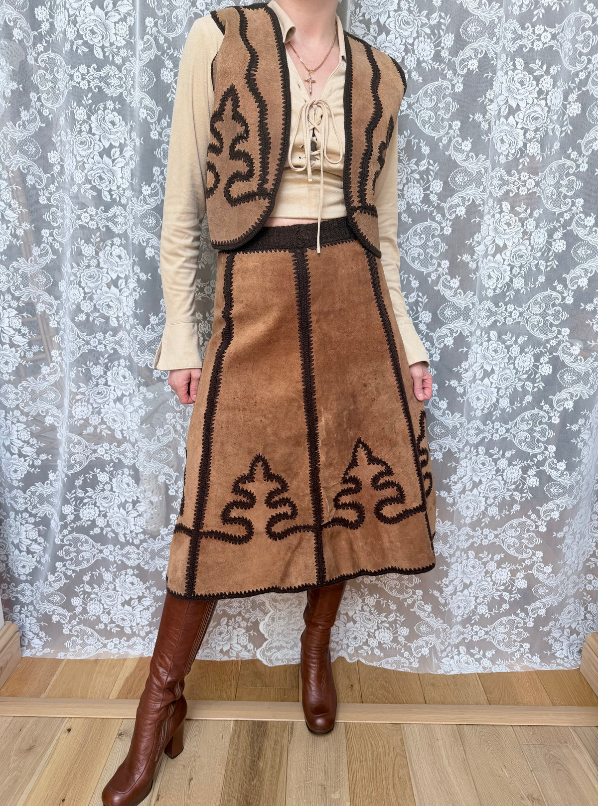 Vintage 1970s Handmade Suede & Crochet Americana Two Piece