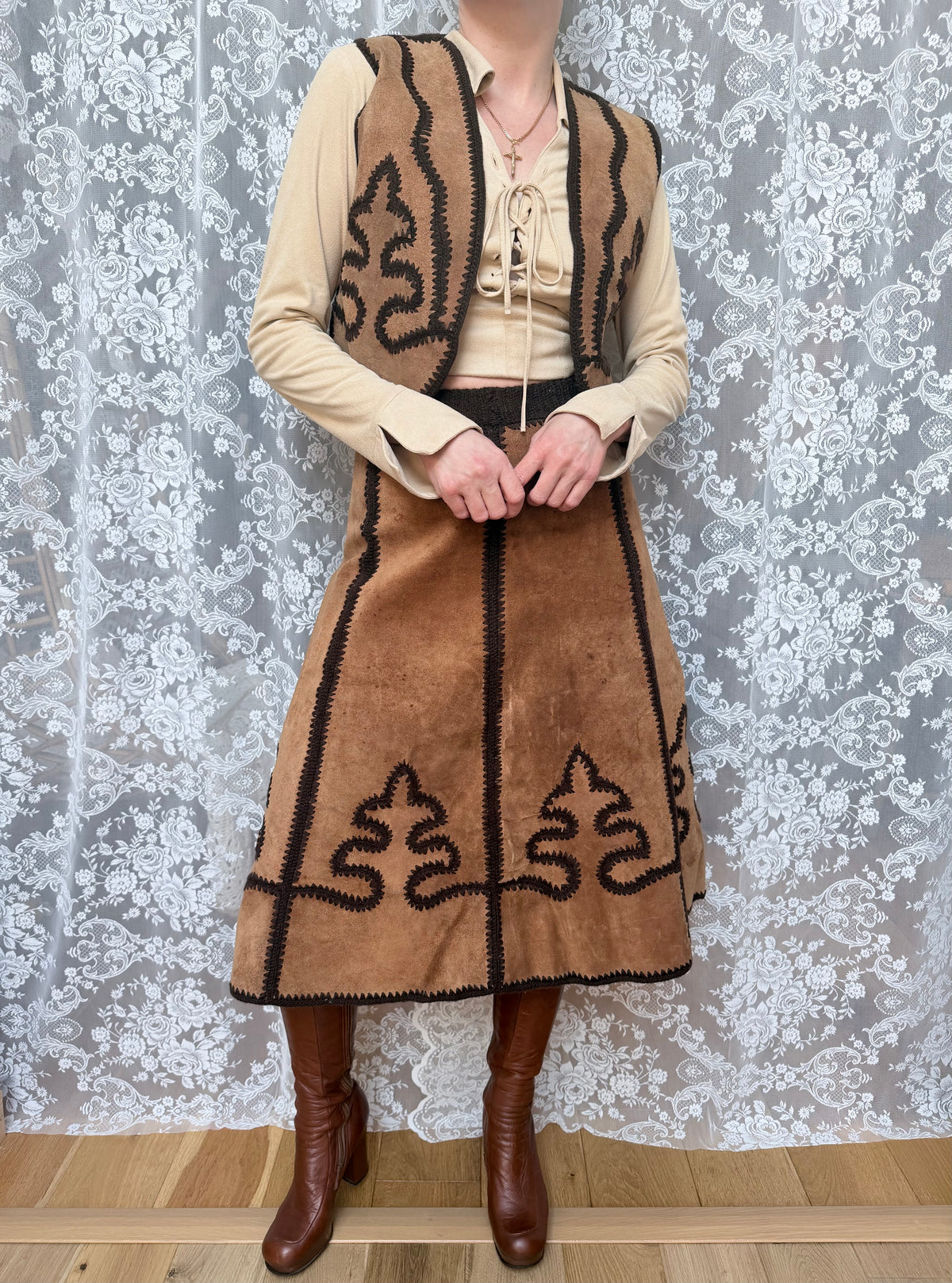 Vintage 1970s Handmade Suede & Crochet Americana Two Piece